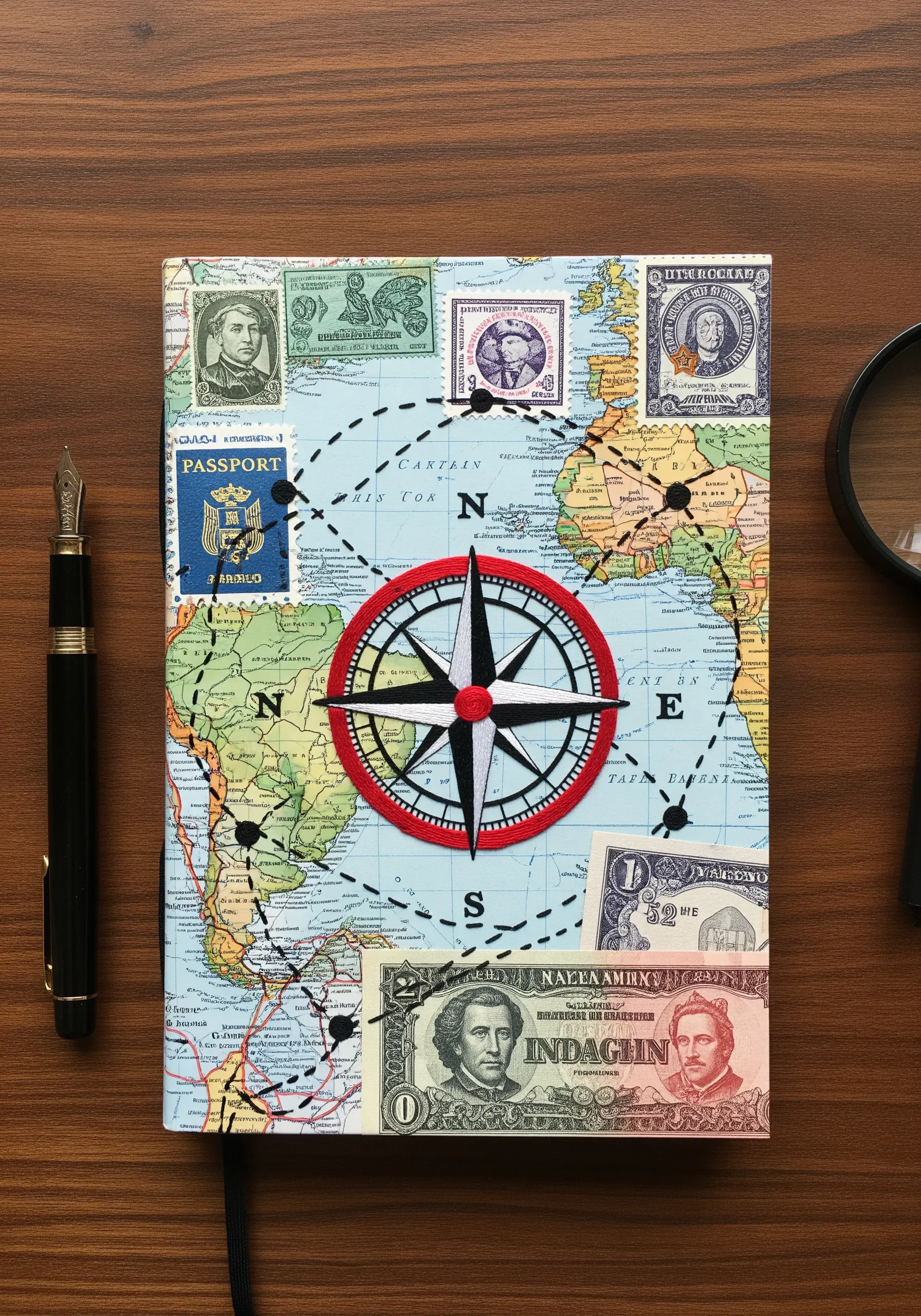A travel journal decorated with a map and stamps, with a bold, embroidered compass rose at the center.