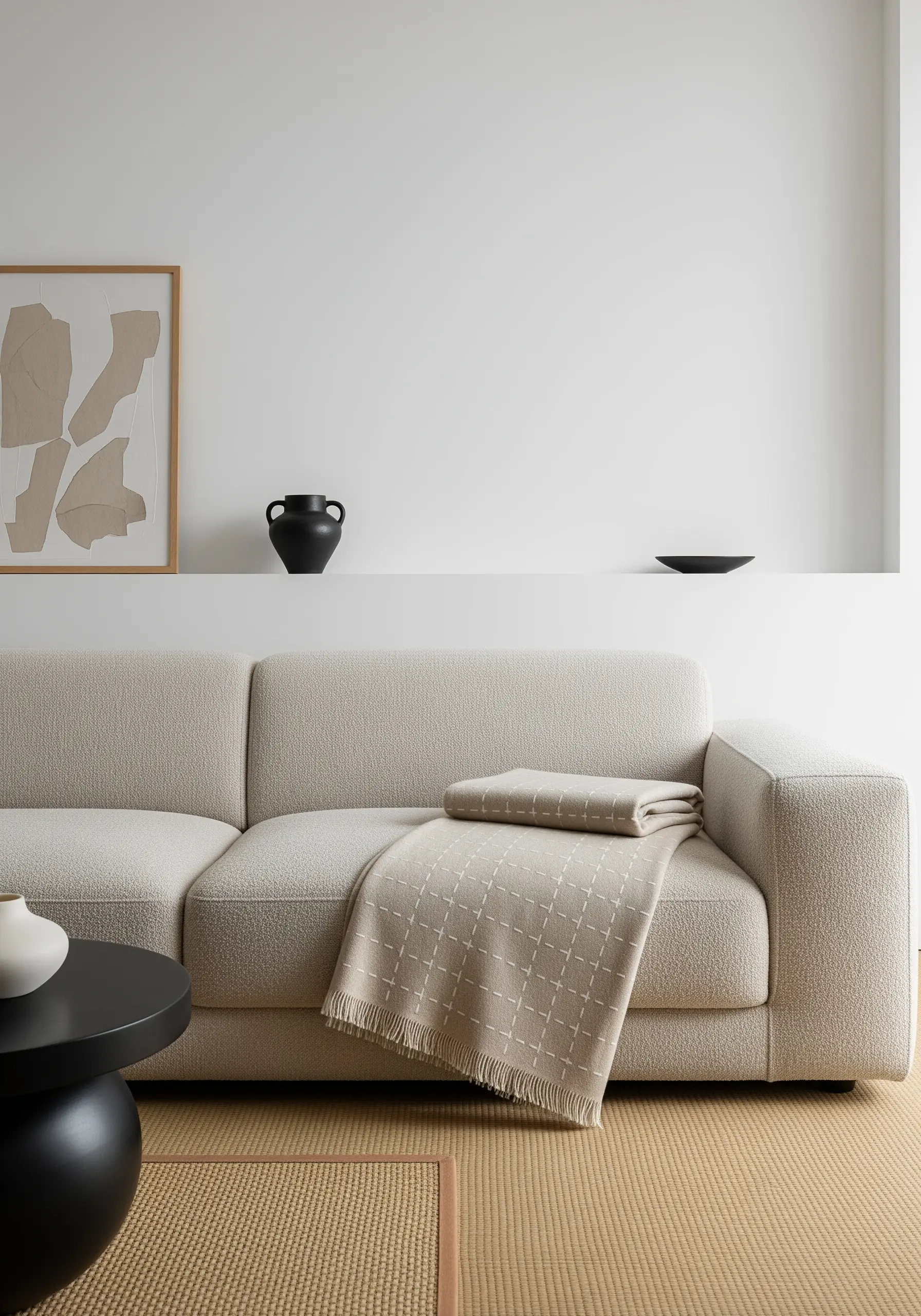 A minimalist grid pattern stitched in white on a taupe fringed throw blanket.