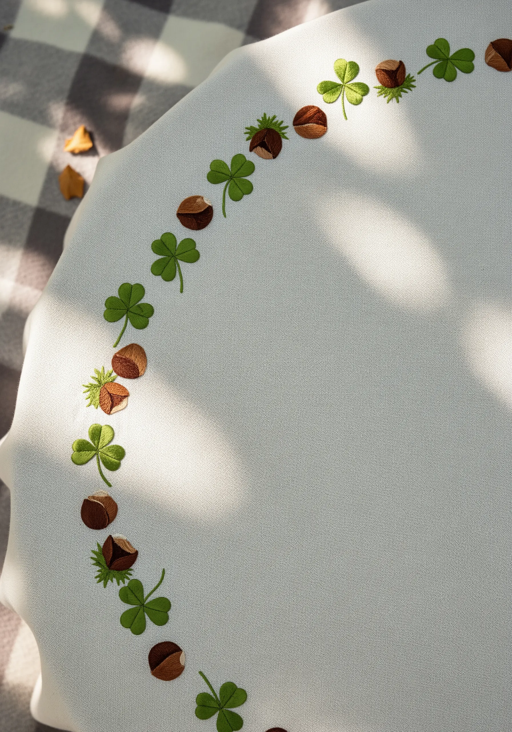 An embroidered border of alternating green clovers and brown chestnuts on a tablecloth.
