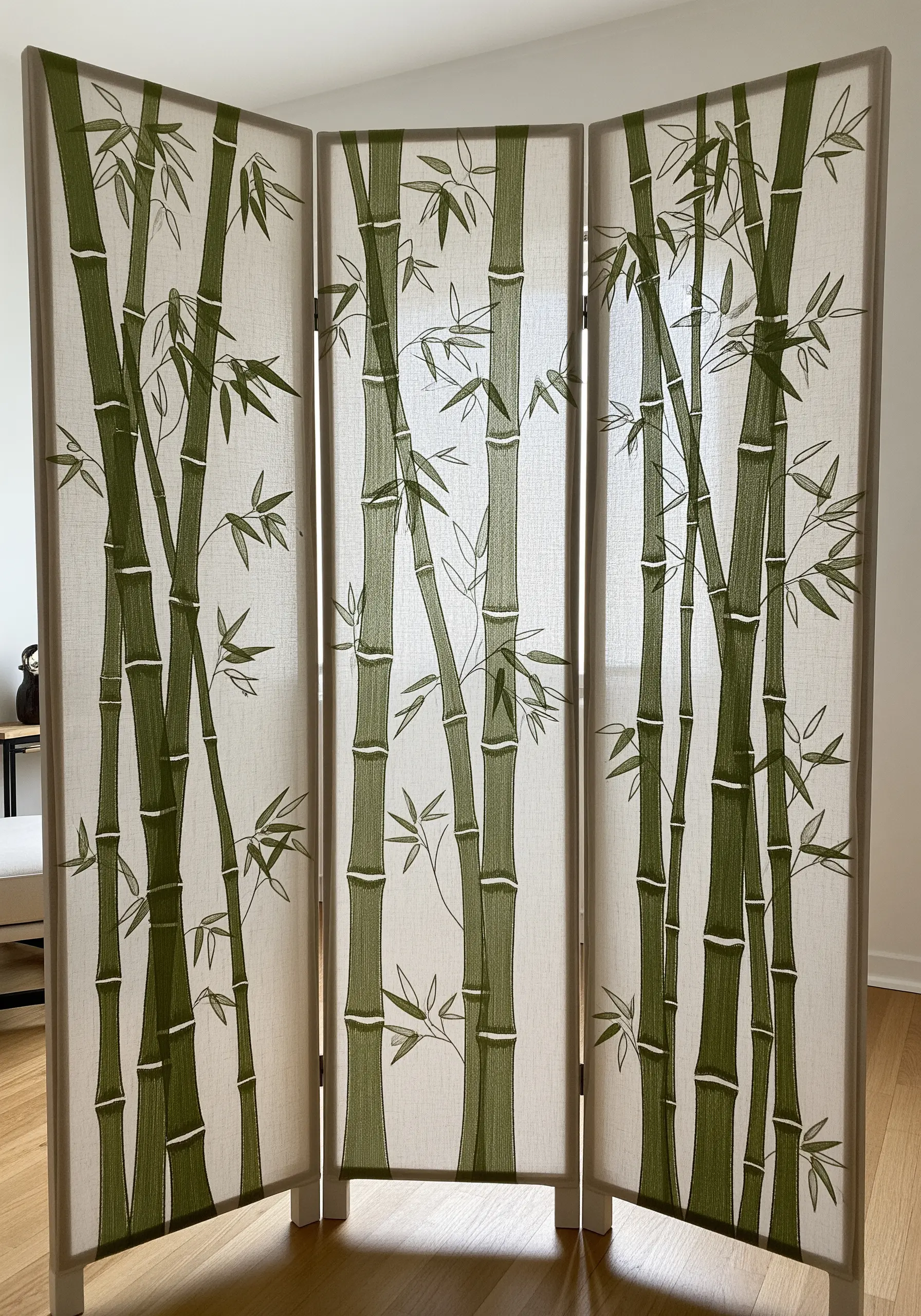A three-panel folding screen with embroidered green bamboo stalks on linen.