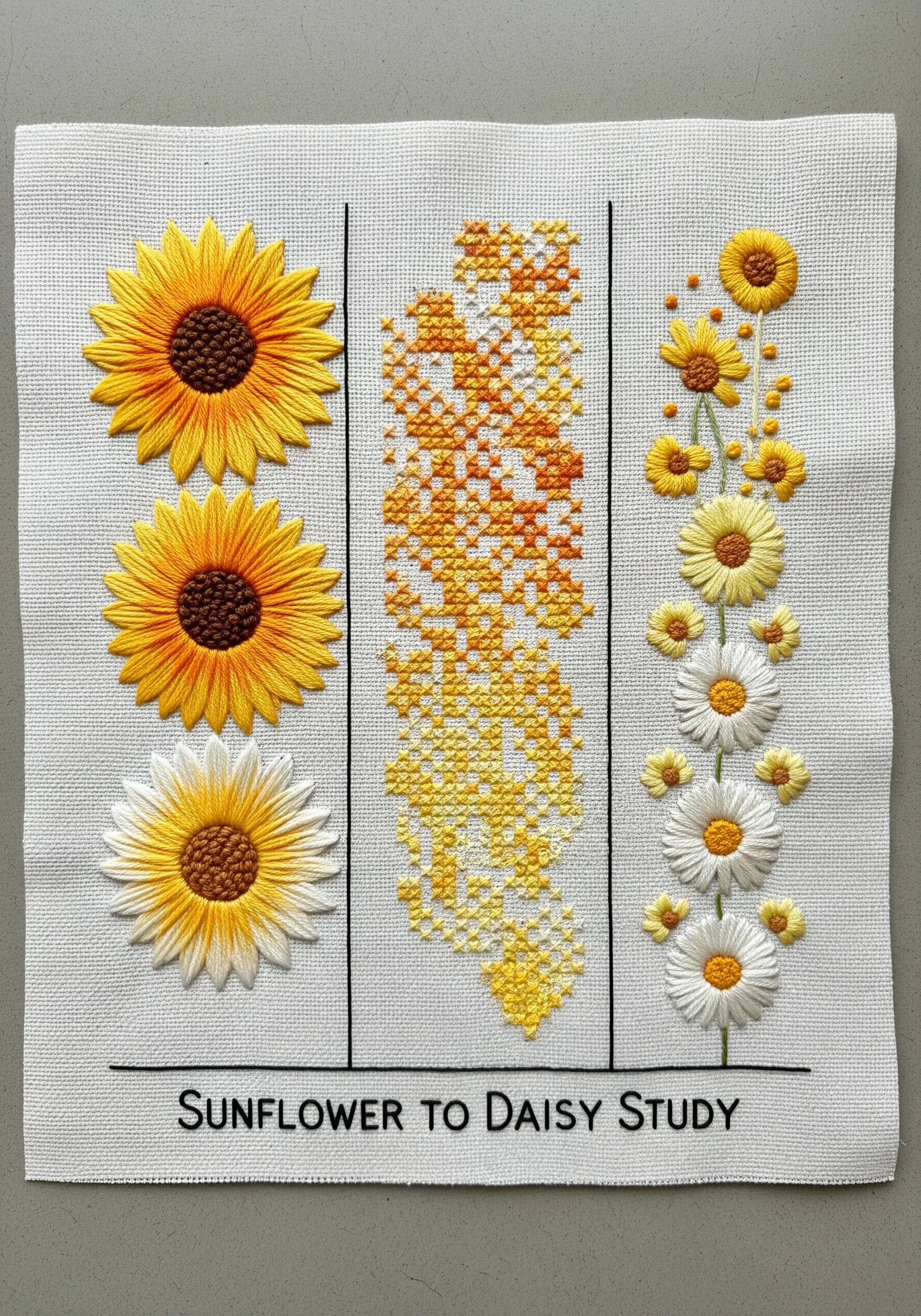 An embroidery sampler showing sunflower to daisy gradients in thread painting, cross-stitch, and motifs.
