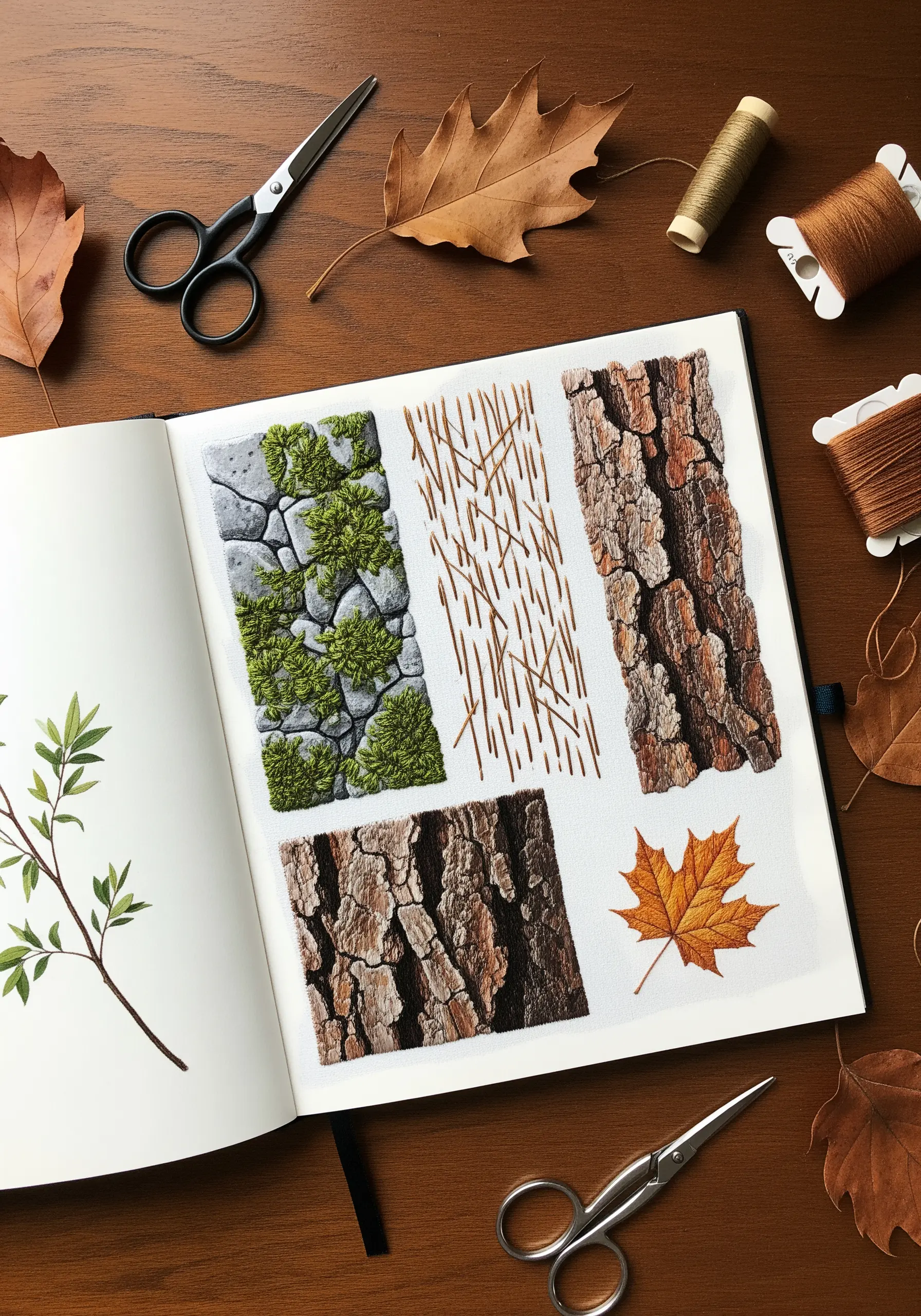 An open book showcasing embroidered samplers of moss on stone, bark, and leaves.
