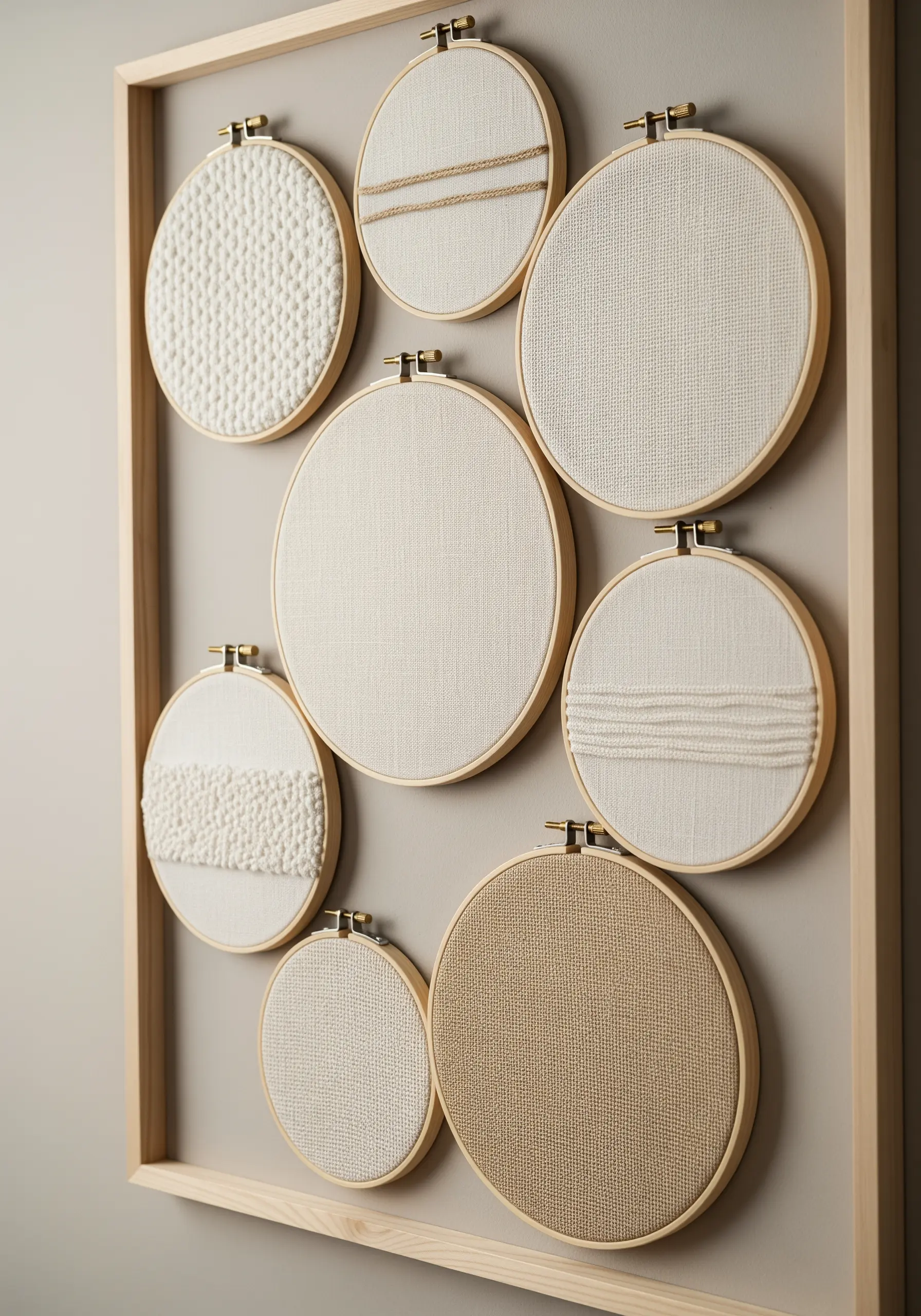A collection of embroidery hoops with various neutral-toned textures mounted inside a single large frame