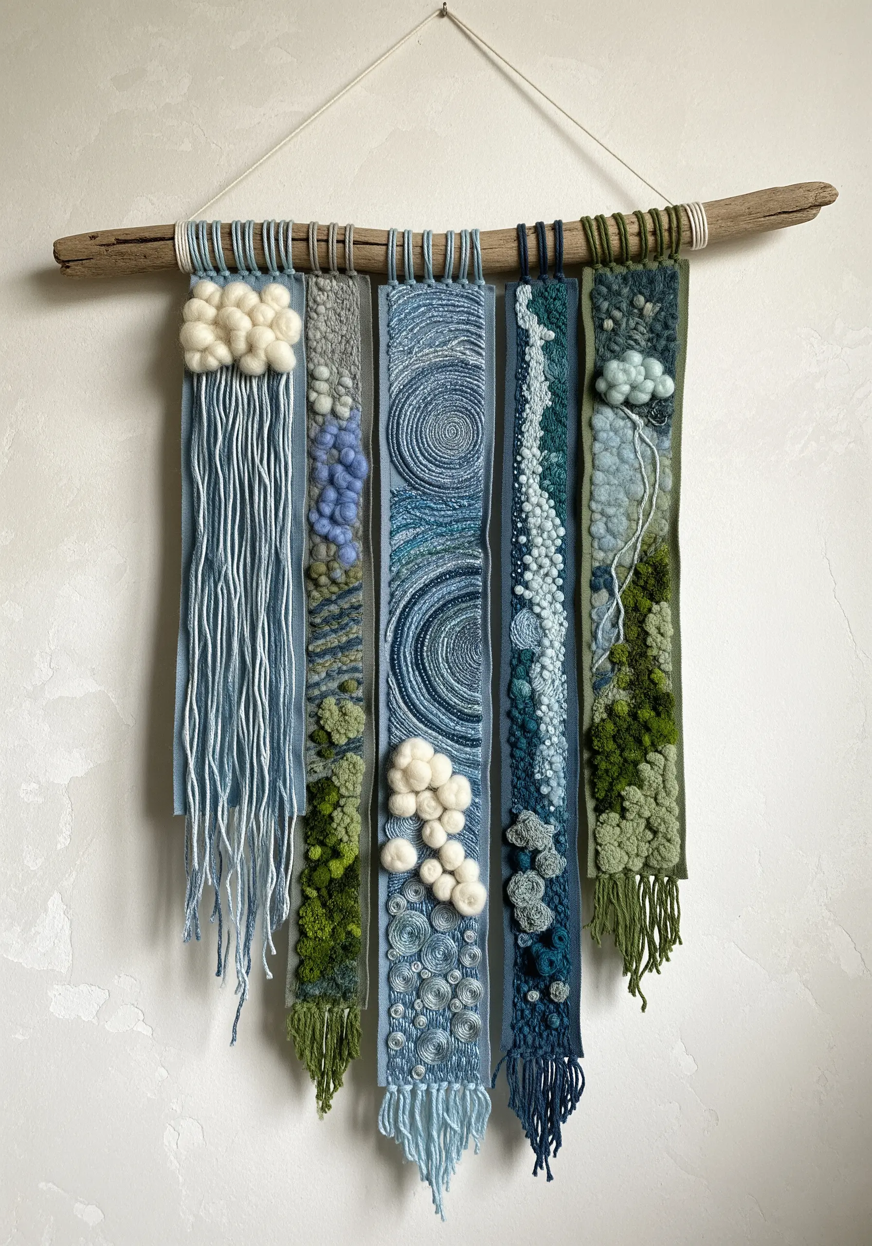 A textural wall hanging on a branch, featuring various abstract organic embroidery techniques.