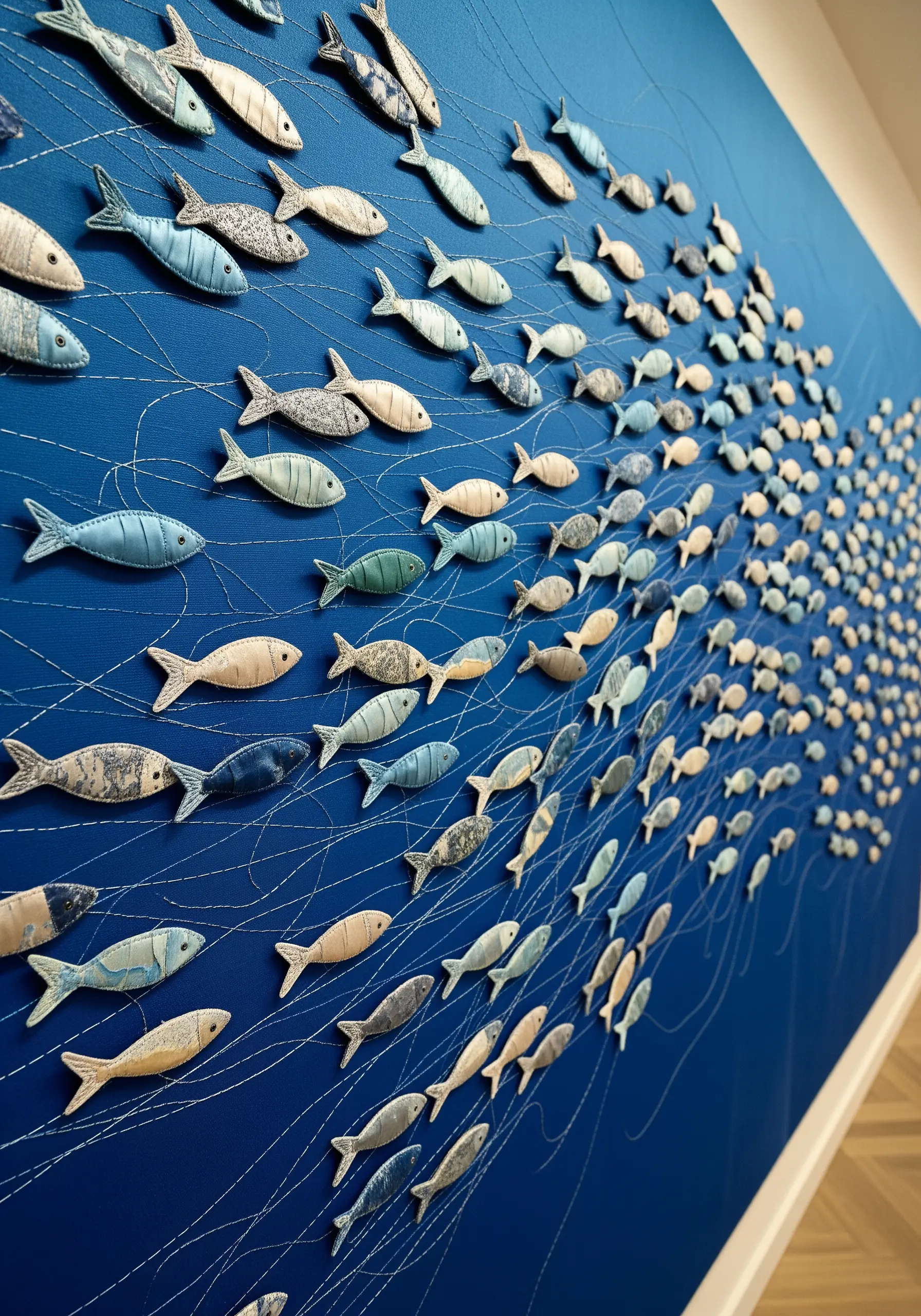 A large wall art piece with a swirling school of 3D, padded fabric fish on a blue background.