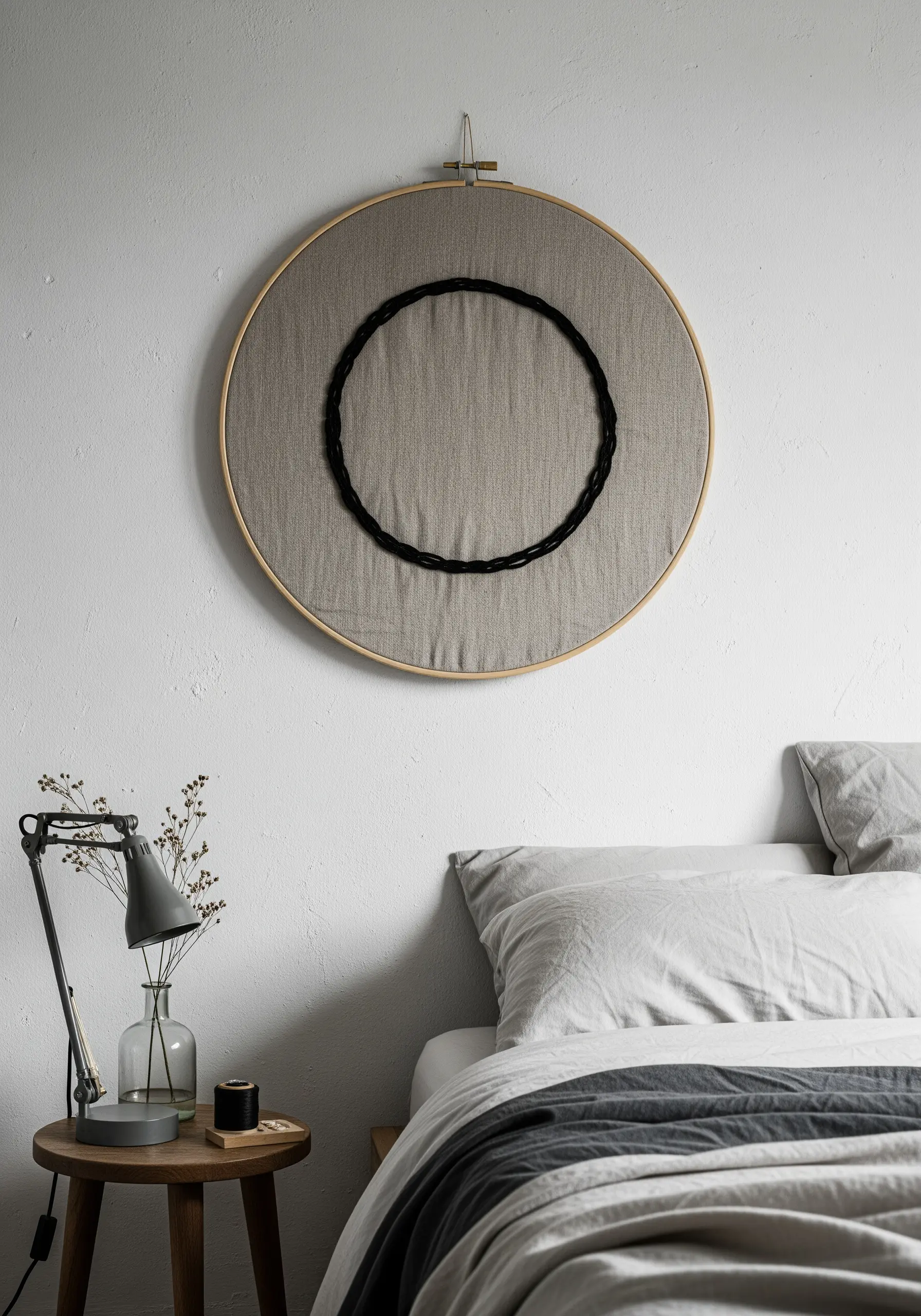 A large embroidery hoop with a single, thick, braided black thread circle in the center.