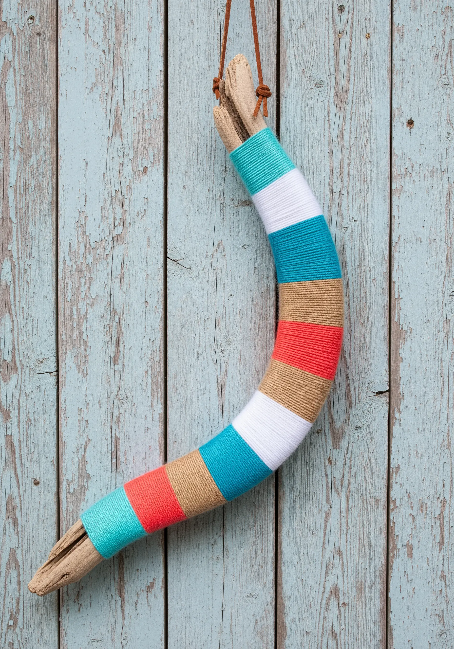 A yarn-wrapped crescent shape in coastal colors mounted on a piece of driftwood.
