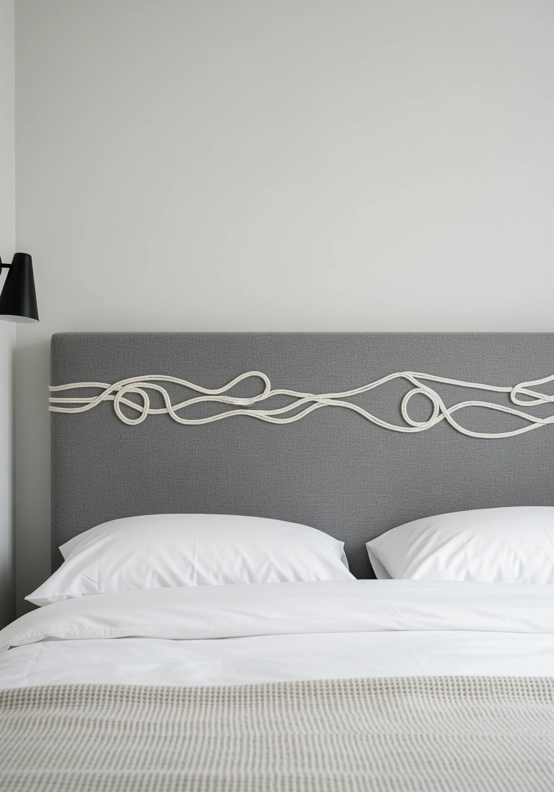 A grey upholstered headboard with a minimalist, abstract design made of white rope