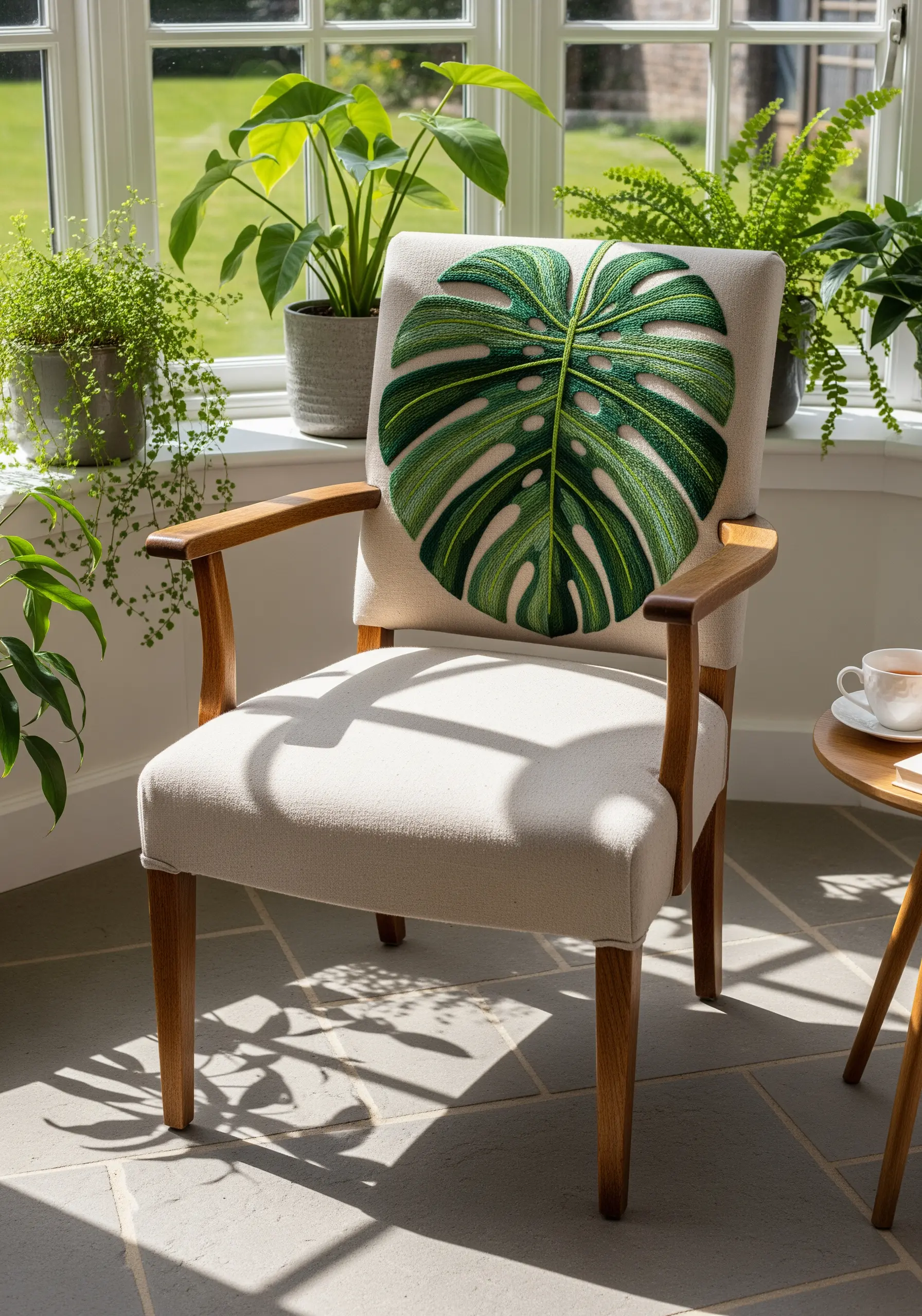 A chair cushion shaped and intricately embroidered to look like a realistic Monstera leaf.
