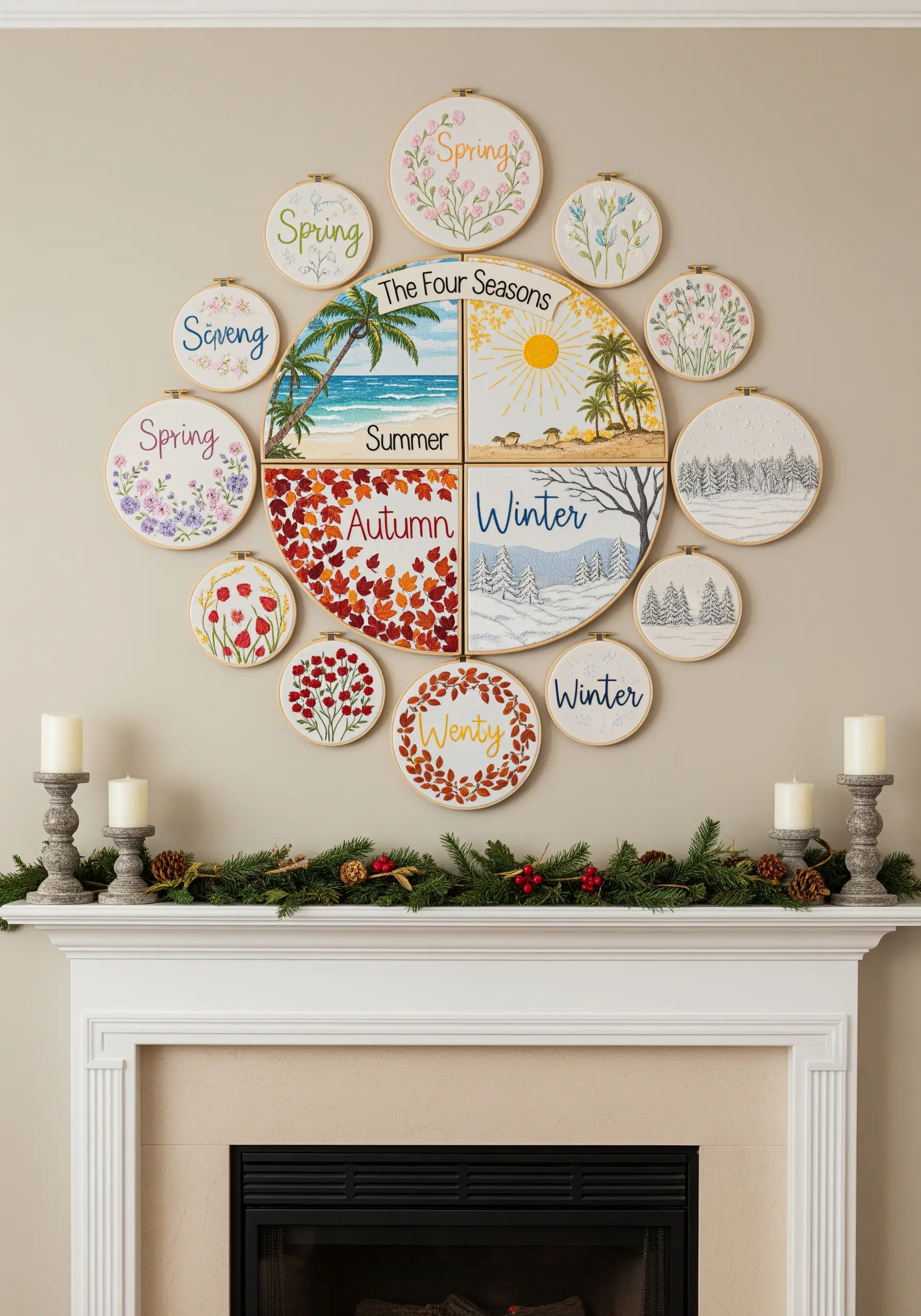 A circular arrangement of embroidery hoops depicting the four seasons over a fireplace mantel.