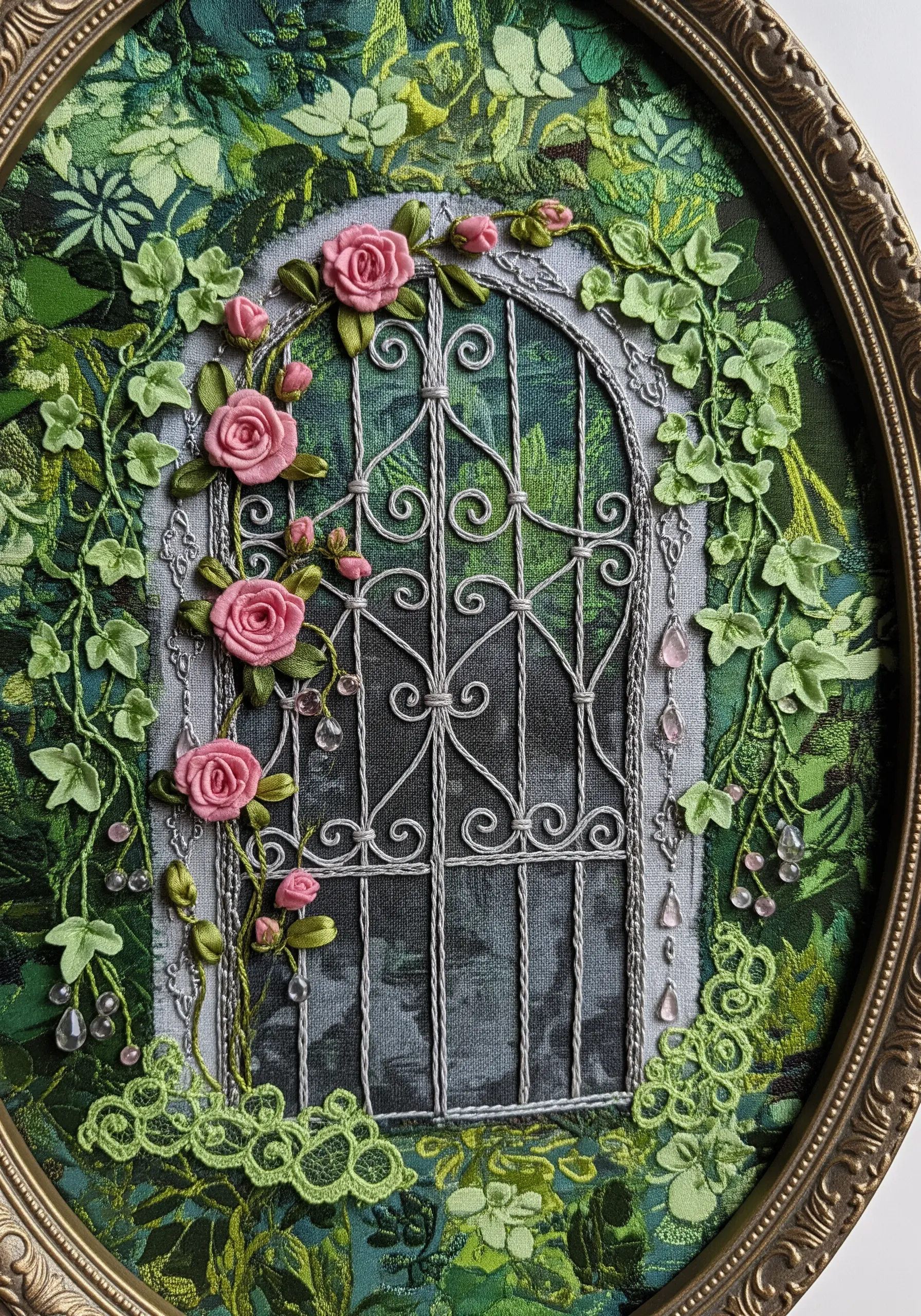 An embroidered secret garden scene with a gate, 3D ribbon roses, and lace foliage.