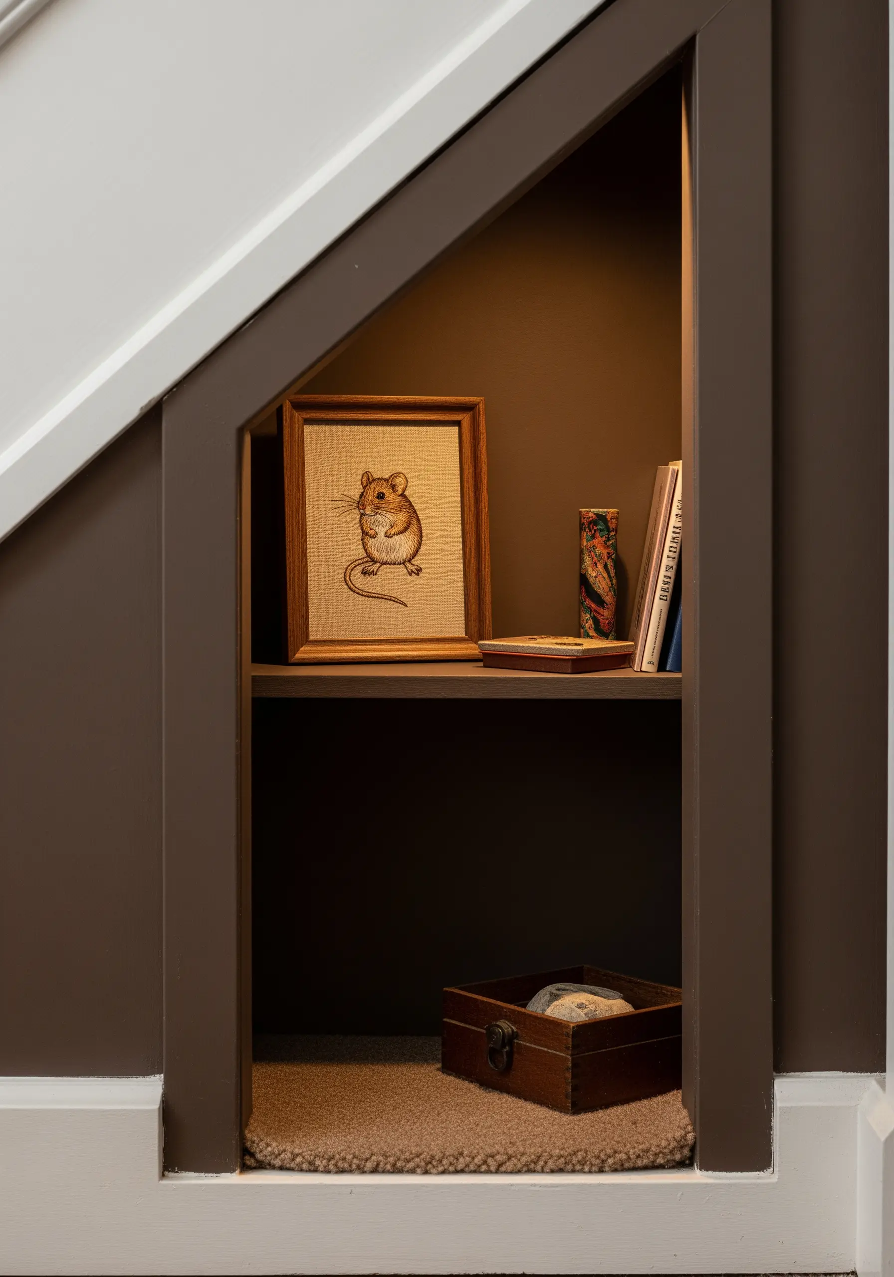 A small framed embroidery of a mouse tucked into a dark, cozy nook under a staircase.