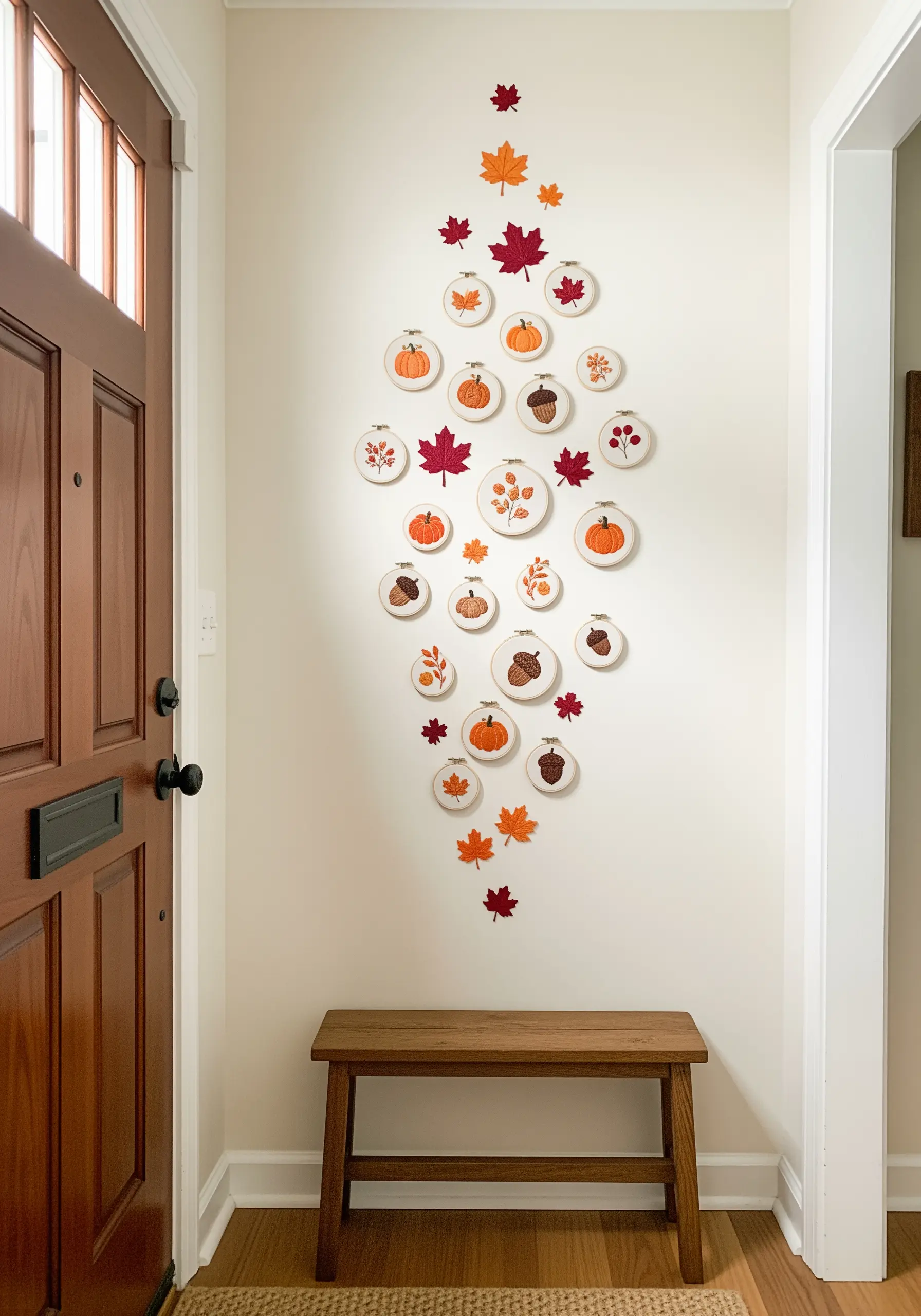A cascading arrangement of autumn-themed embroidery hoops with pumpkins and leaves on an entryway wall.