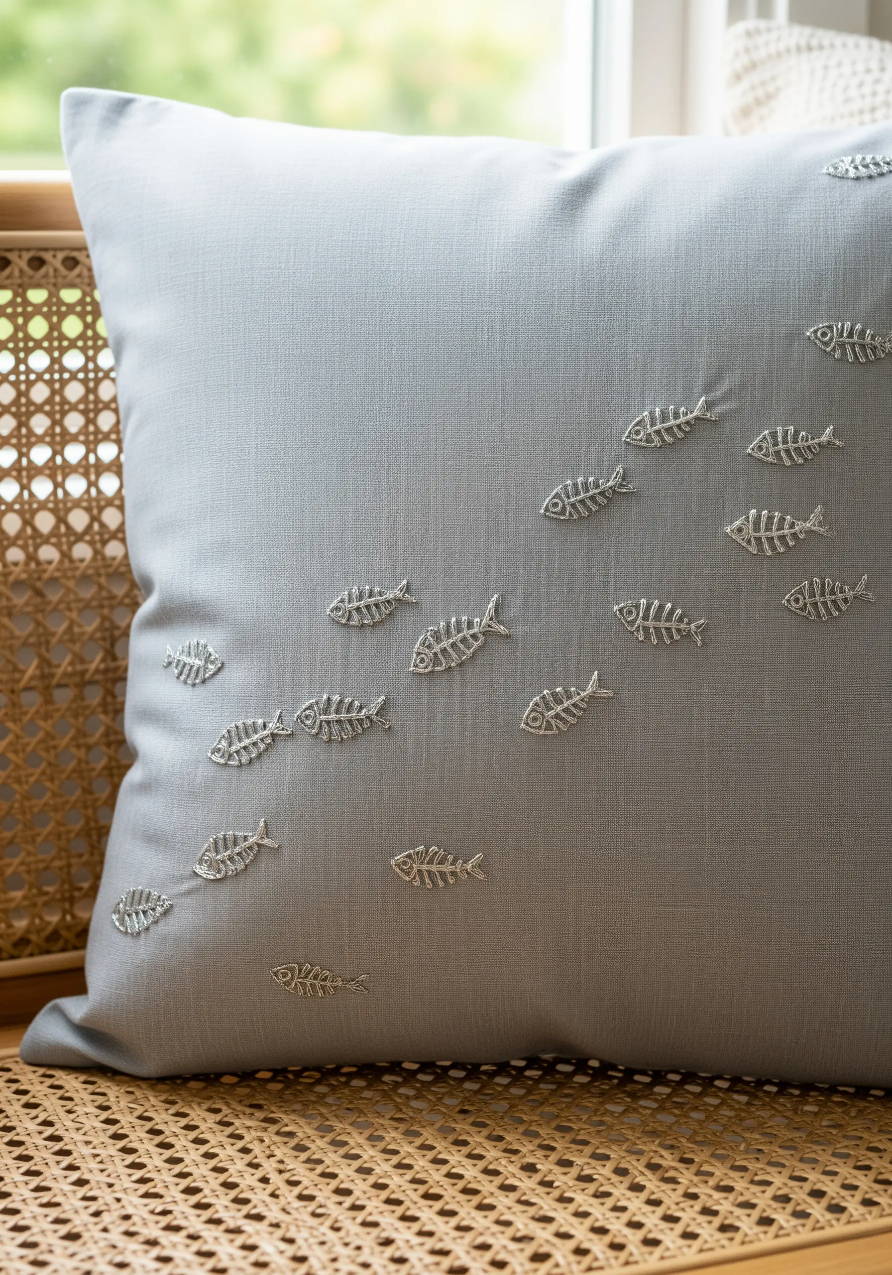 Minimalist silver fish skeleton motifs embroidered in a flowing pattern on a grey linen pillow