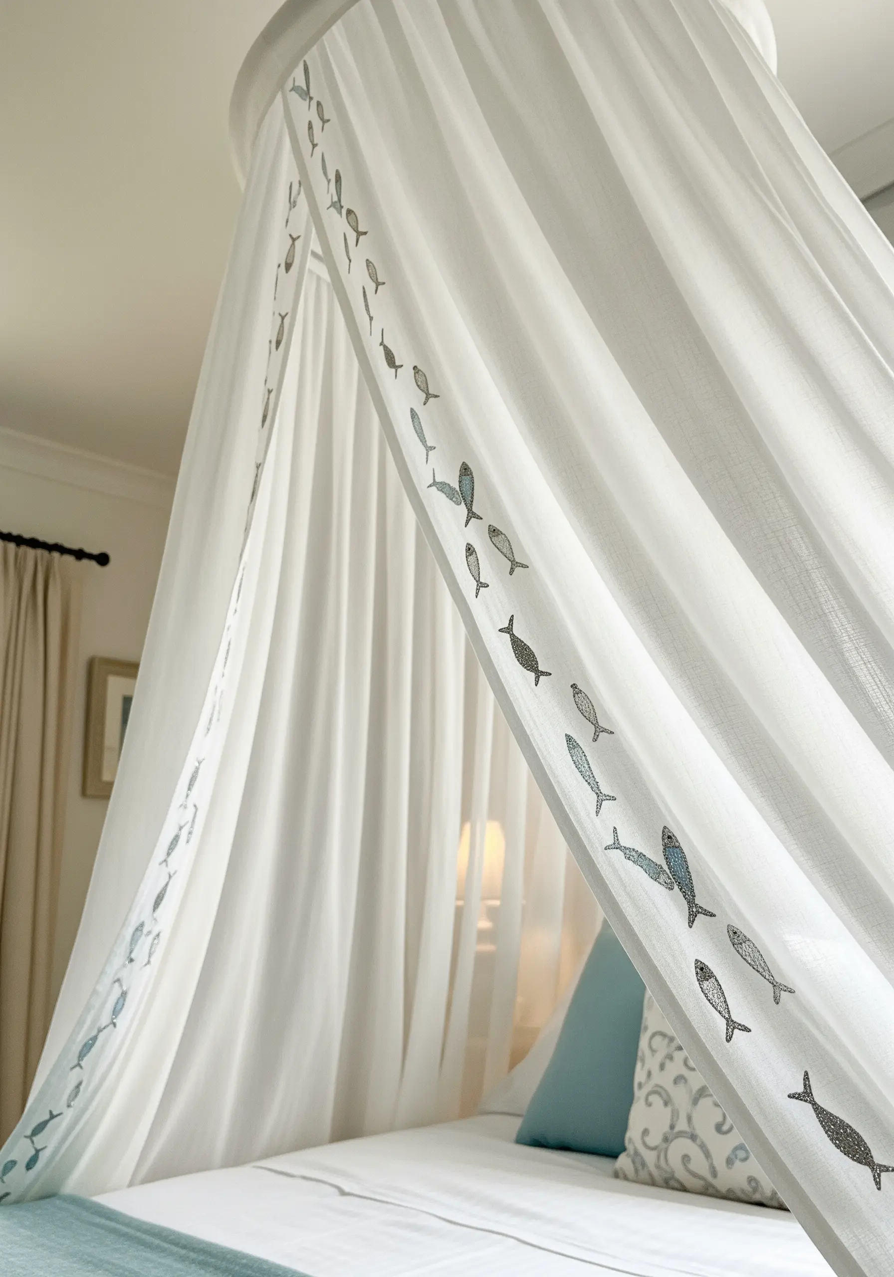 A sheer white bed canopy with two flowing streams of small embroidered fish.