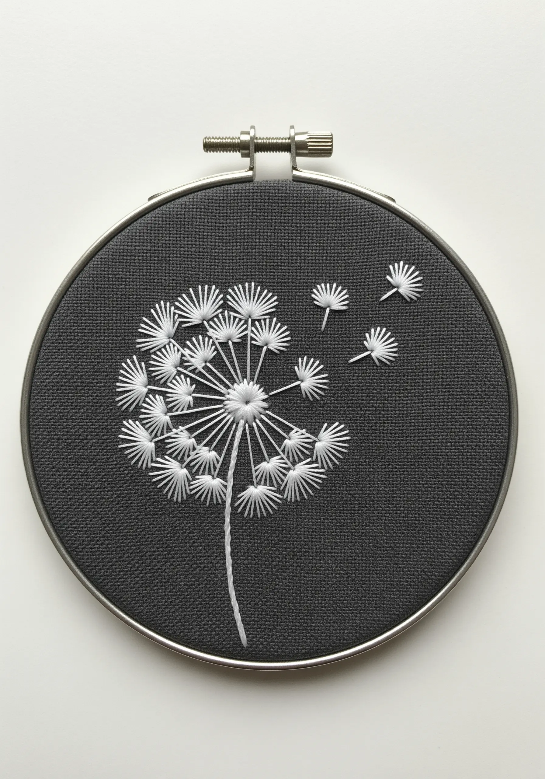 A white dandelion with seeds blowing away, embroidered on dark gray fabric.