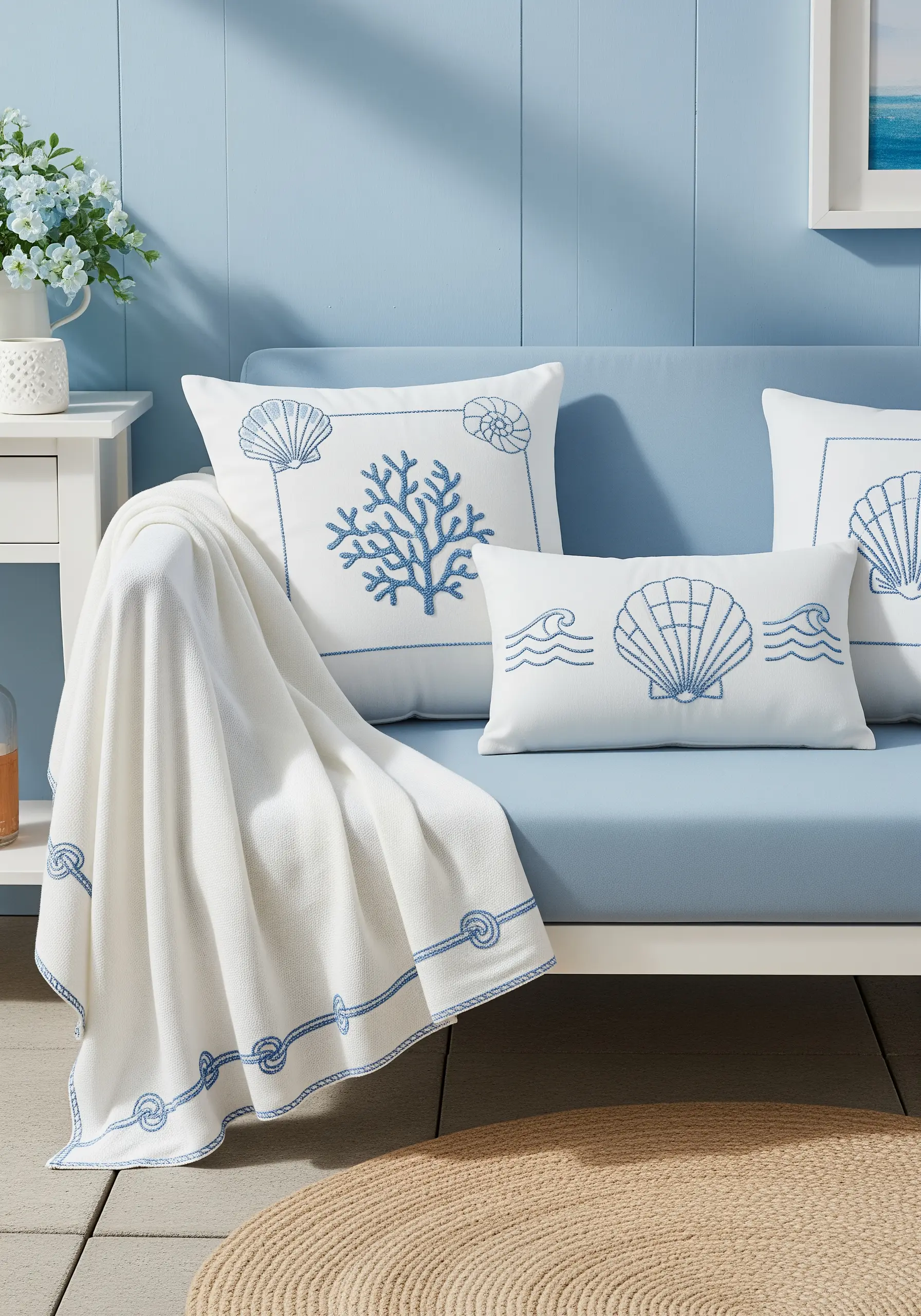White outdoor cushions and a throw blanket with blue embroidered coastal motifs like shells and coral.