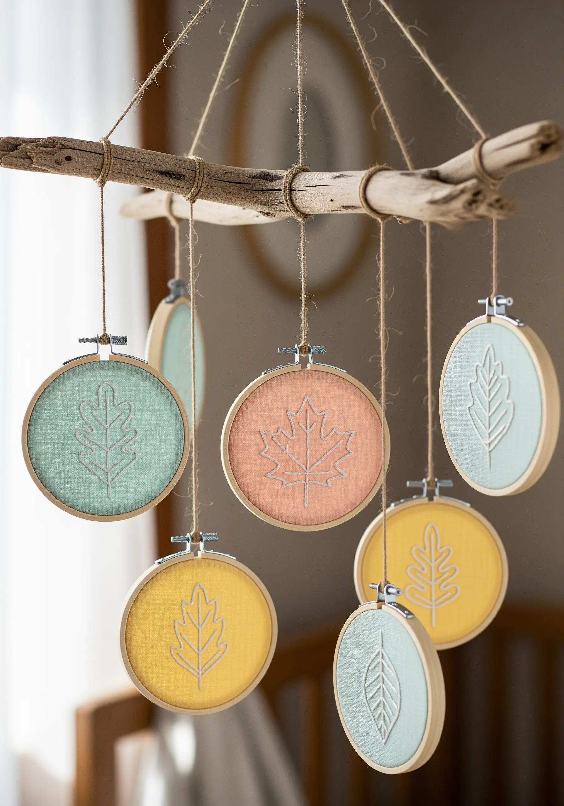 A baby mobile made from multiple small embroidery hoops with leaf outlines on pastel fabrics.