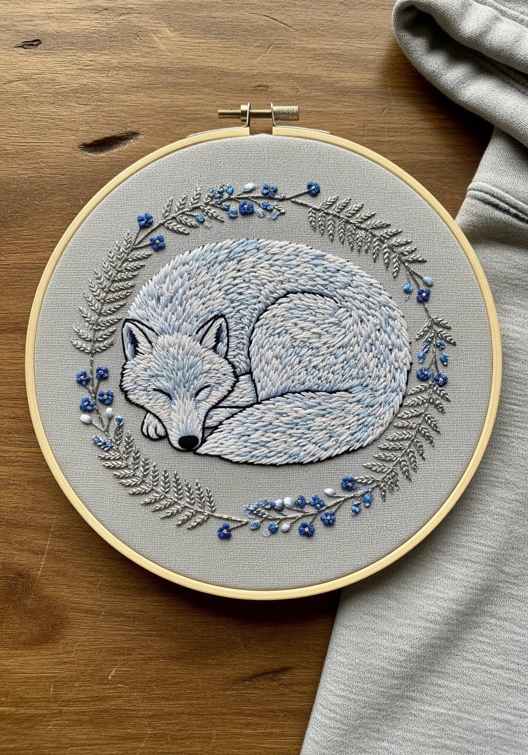 A sleeping arctic wolf embroidered in a hoop with blue and silver botanicals.