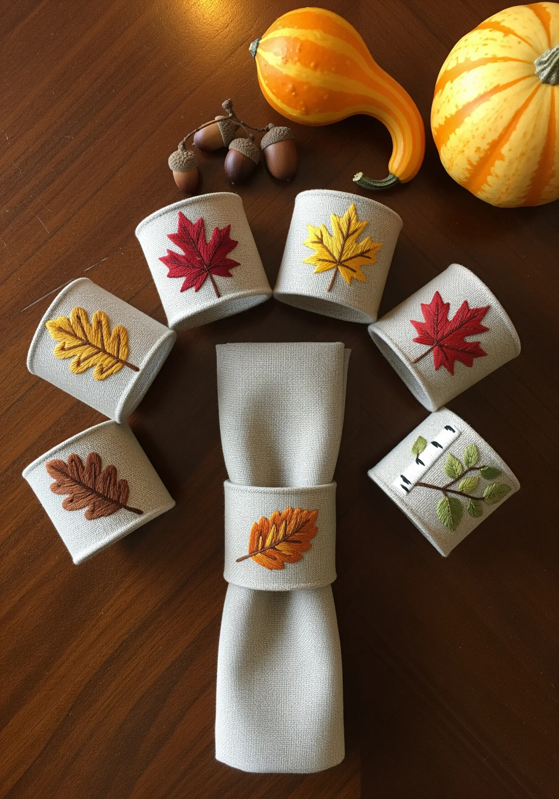 A collection of embroidered napkin rings, each featuring a different colorful autumn leaf design.