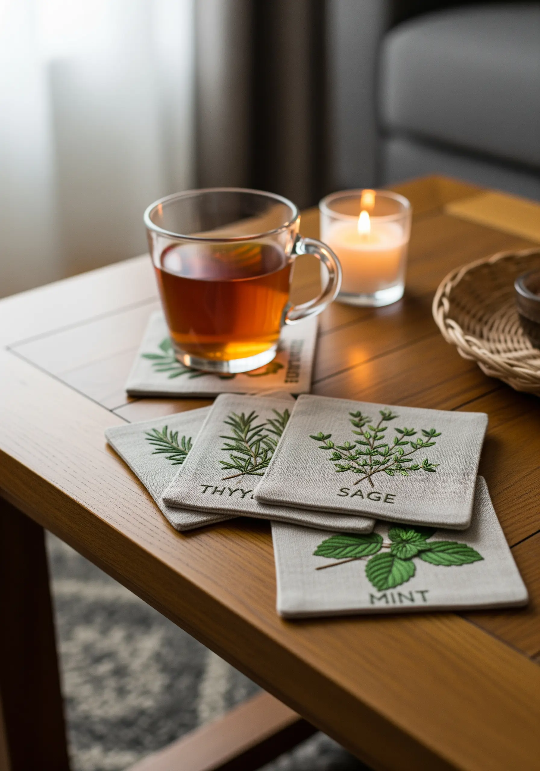 A set of four linen coasters, each embroidered with a different herb: mint, sage, thyme, rosemary
