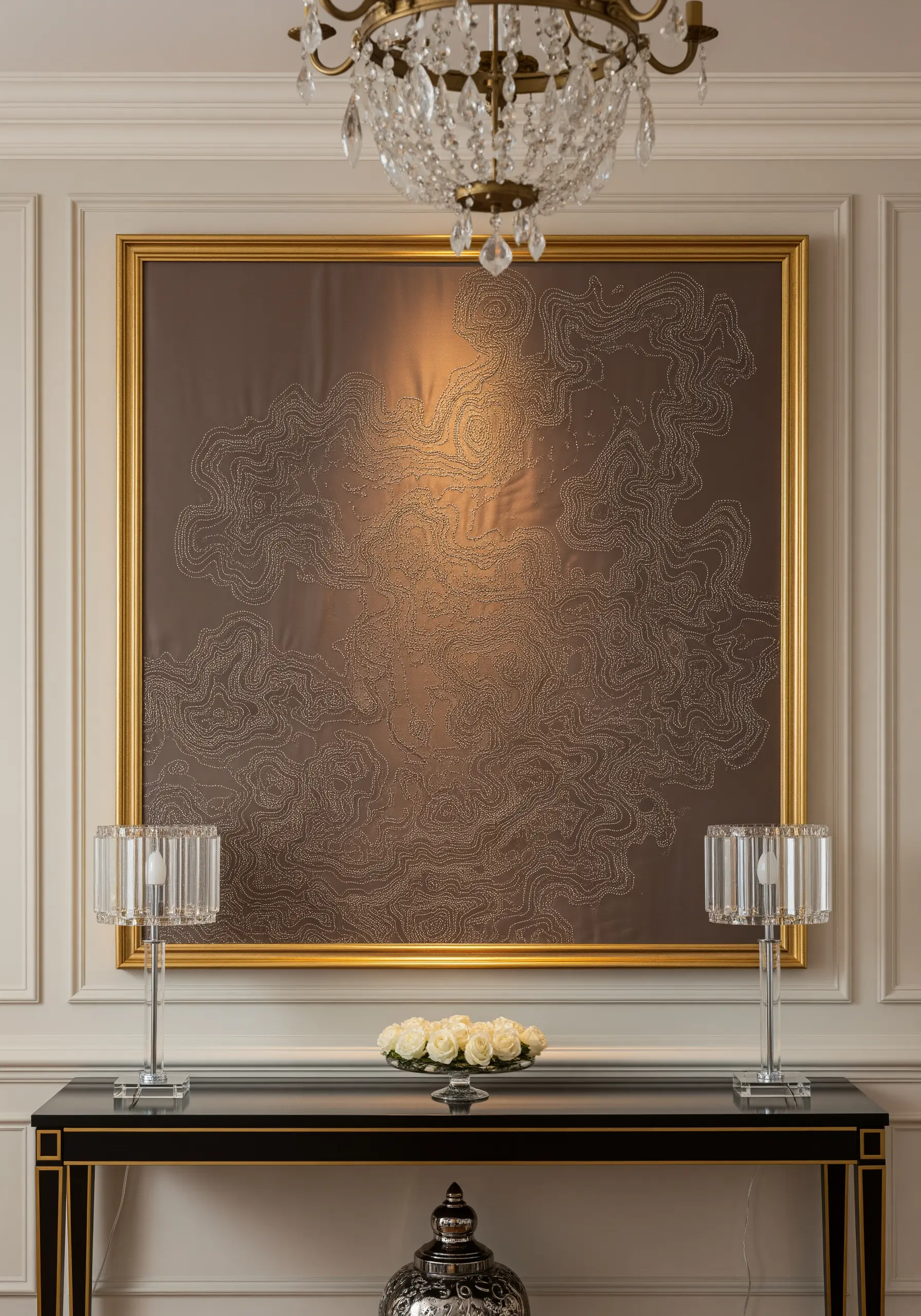 A large, framed piece of taupe silk filled with meandering lines of tiny white seed stitches.