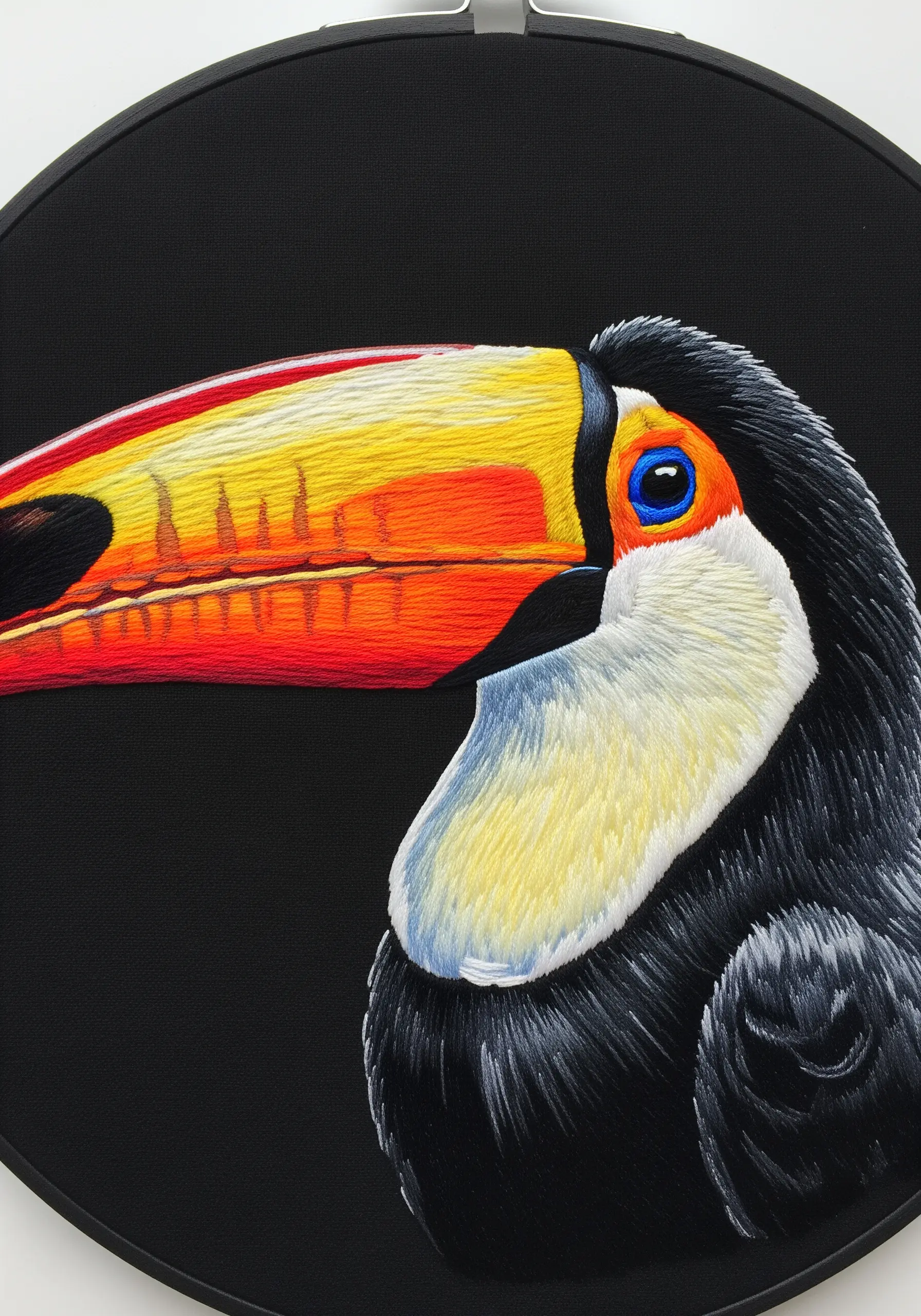 Close-up of an embroidered toucan with a perfectly blended color gradient on its beak.