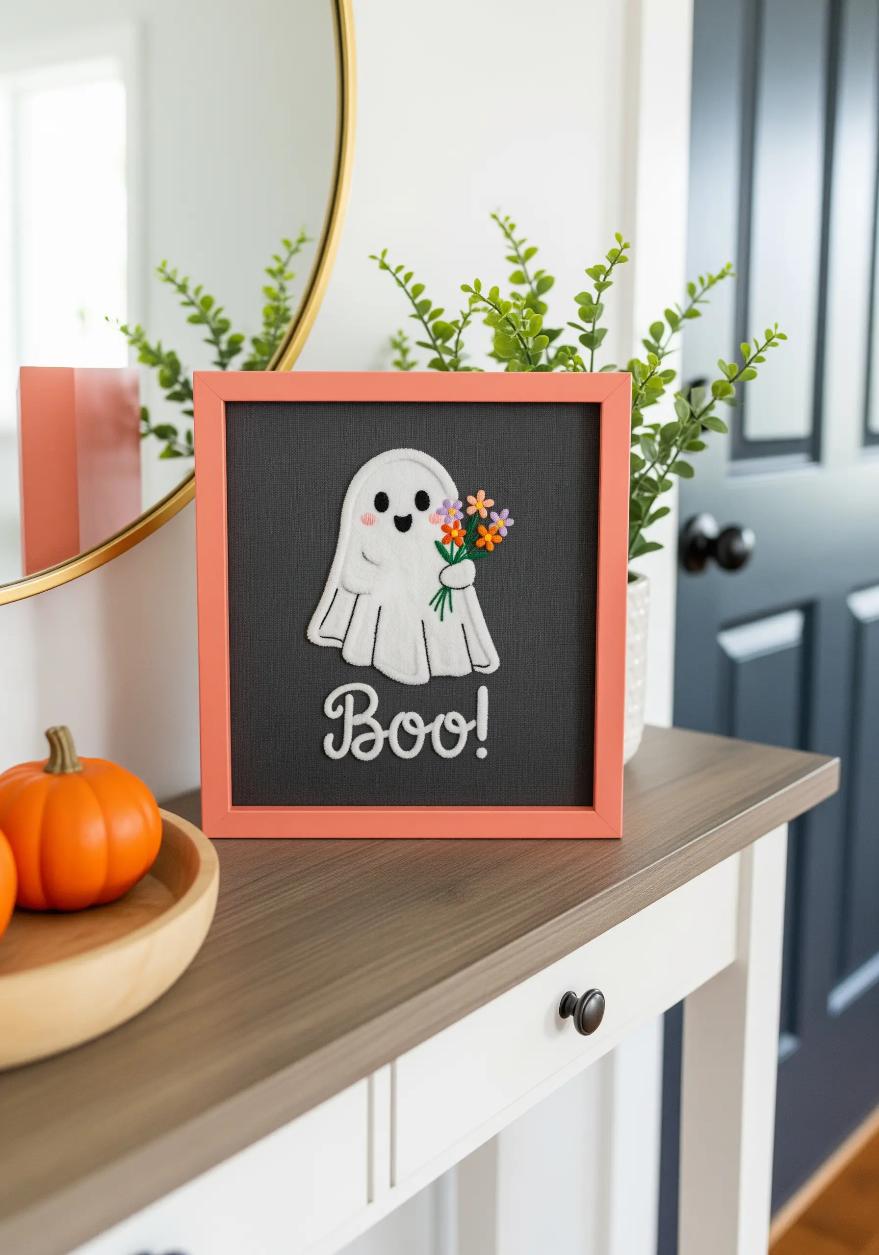 A cute ghost made from felt appliqué and embroidery, displayed in a coral frame for Halloween.