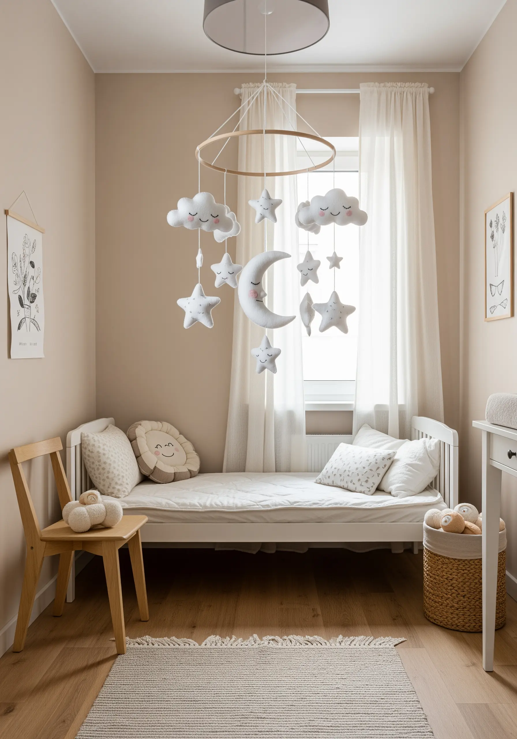 A baby mobile with soft, white felt clouds, moons, and stars with embroidered faces.