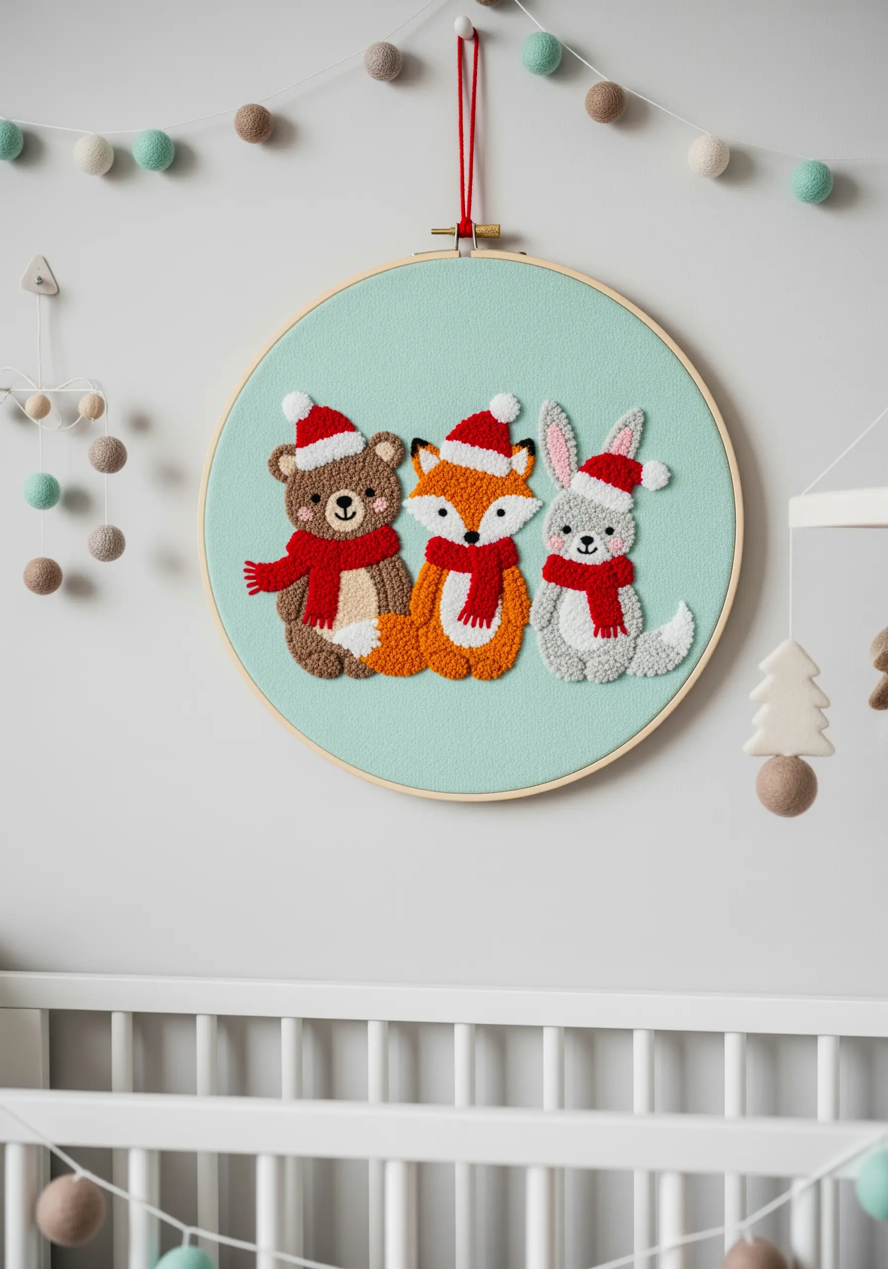 A punch needle embroidery hoop featuring a fluffy bear, fox, and rabbit wearing Santa hats.