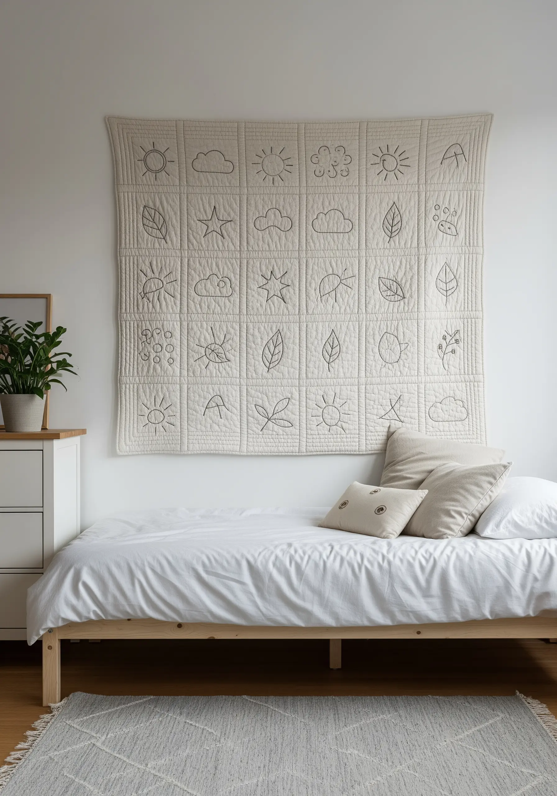 A large, quilted wall hanging with simple, single-line embroidered nature motifs in each square.
