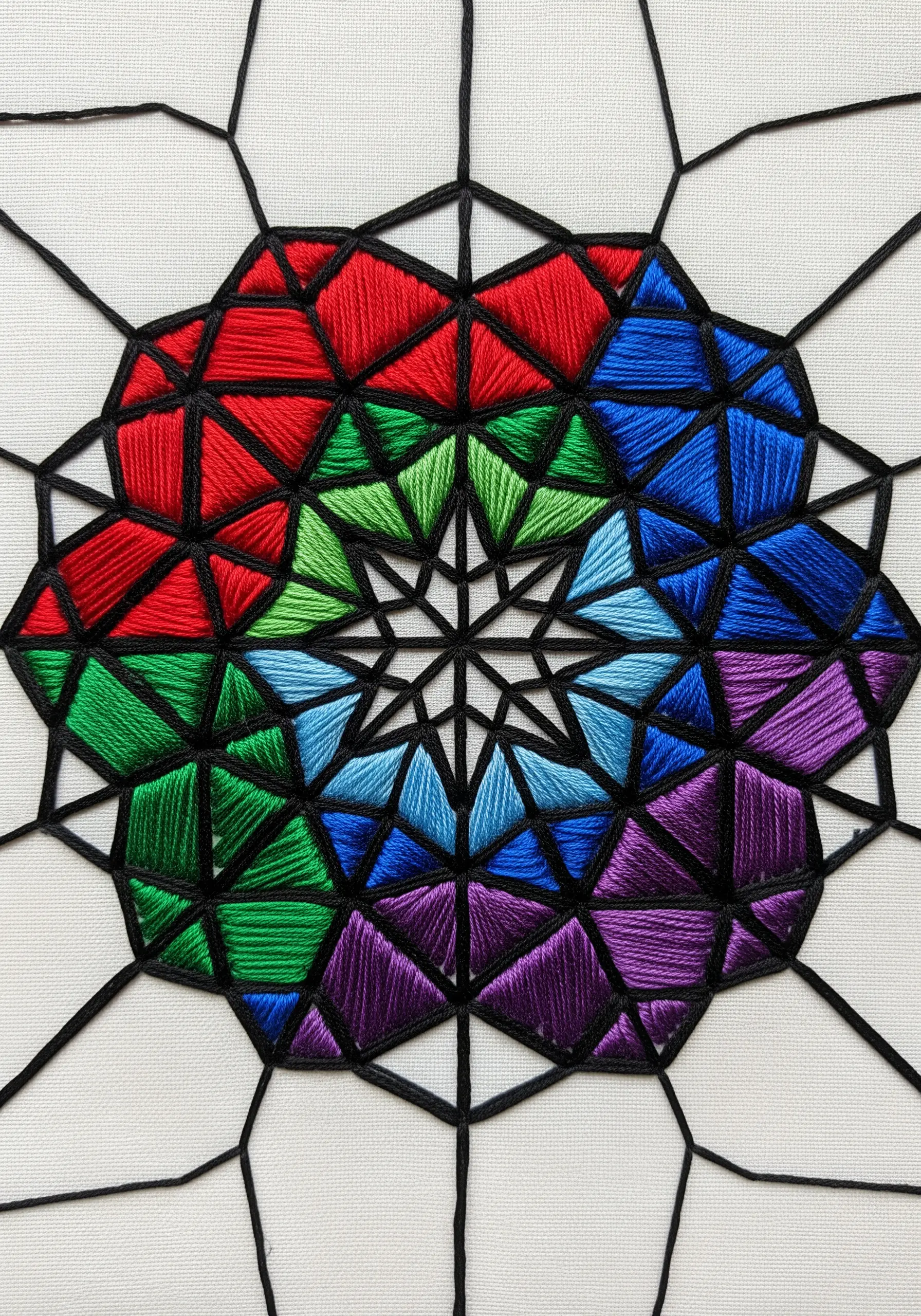A geometric mandala with bold black outlines and vibrant color fills, like stained glass.