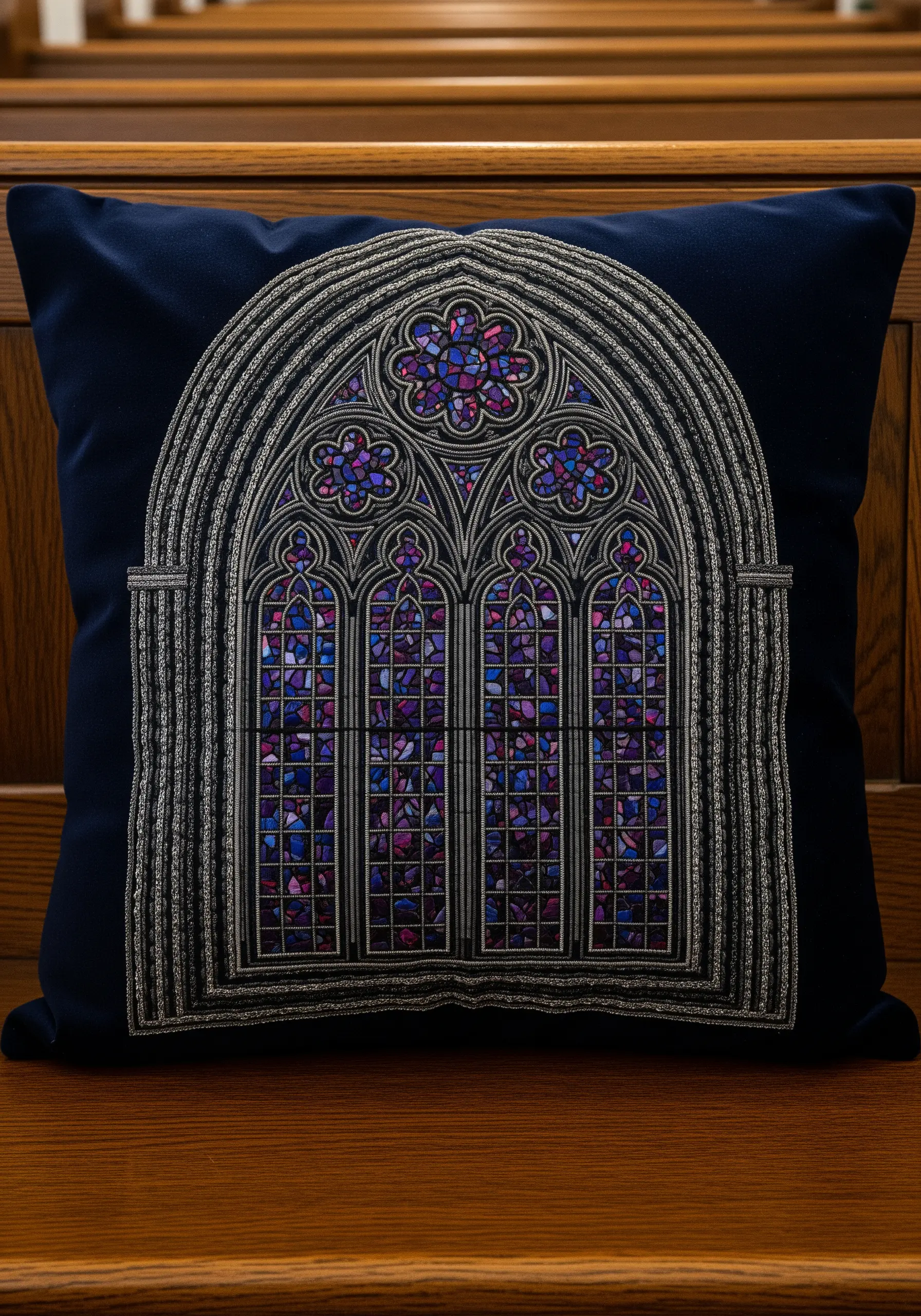 A gothic cathedral window embroidered with silver outlines and purple stained-glass details.
