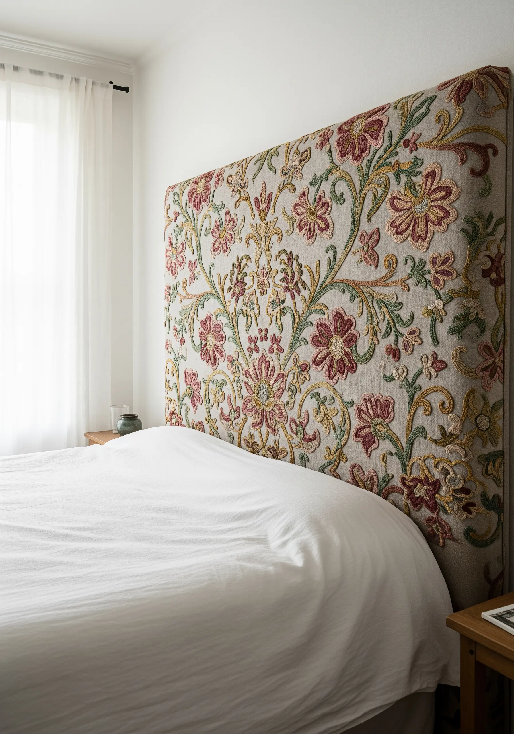Large floral embroidered headboard in a bedroom with white linens.