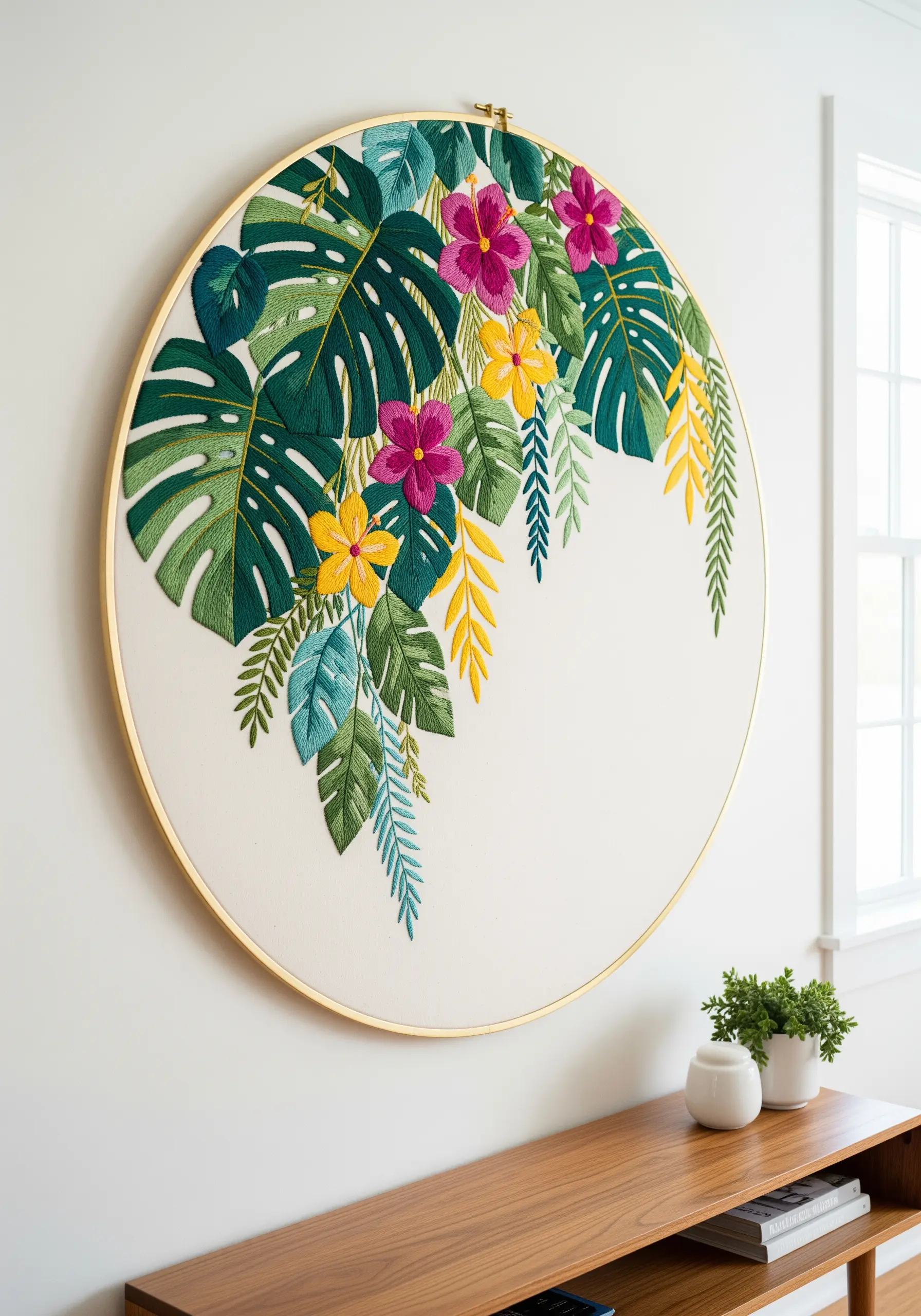 Large embroidery hoop with vibrant tropical leaves and flowers against a cream background.
