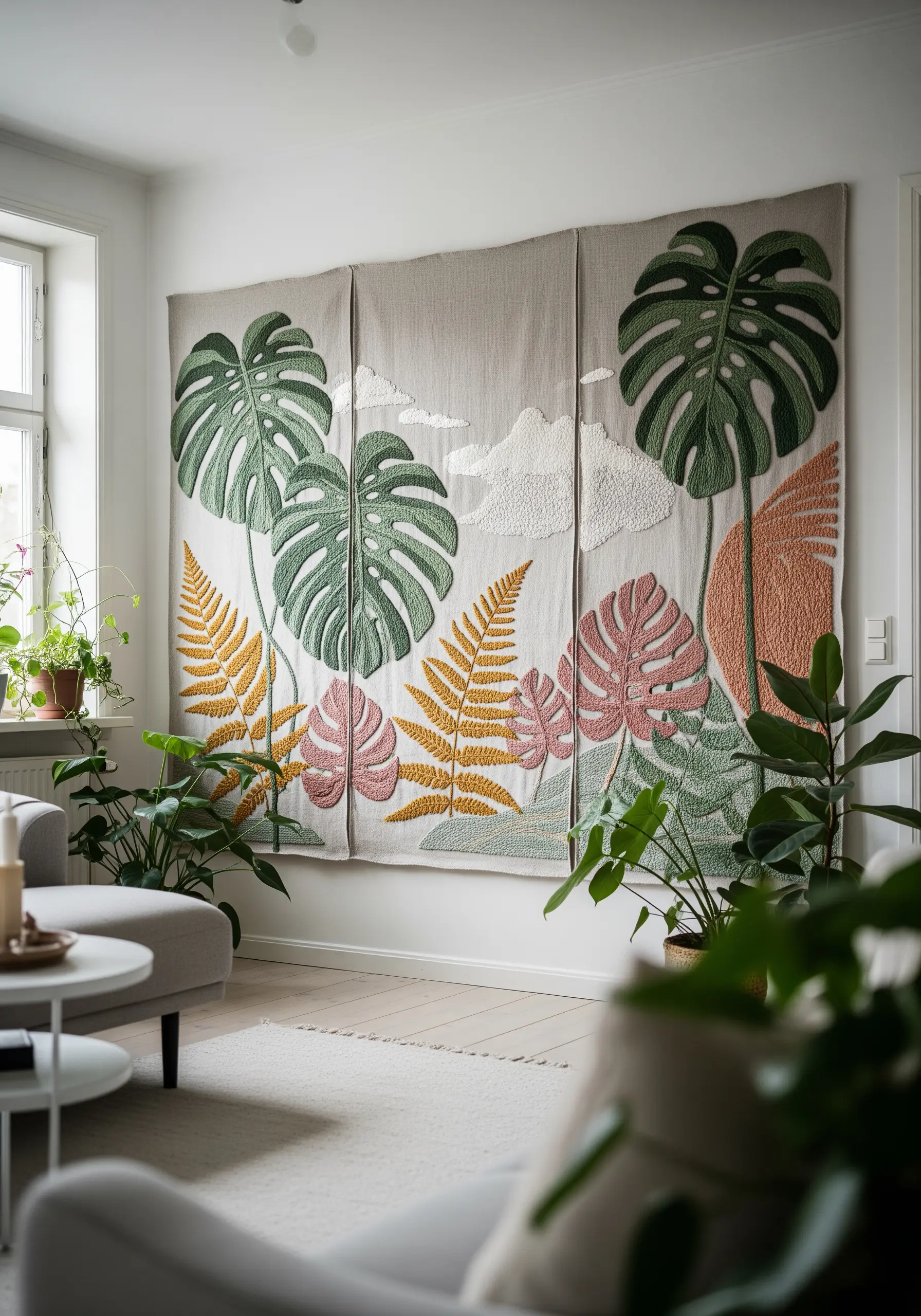 Large-scale botanical wall hanging with punch needle and embroidery.