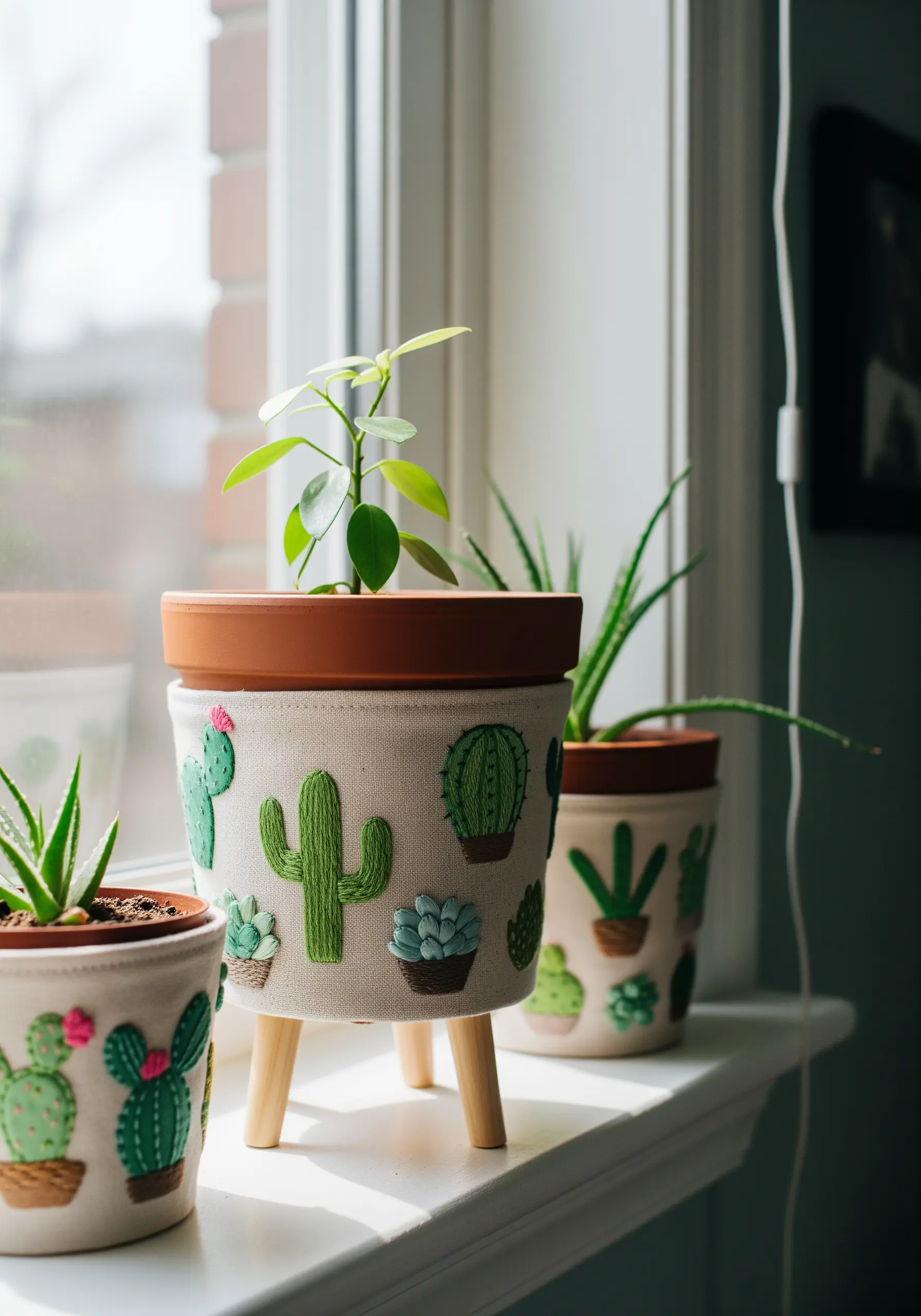 Fabric-covered plant pots on a windowsill, embroidered with various cacti and succulents