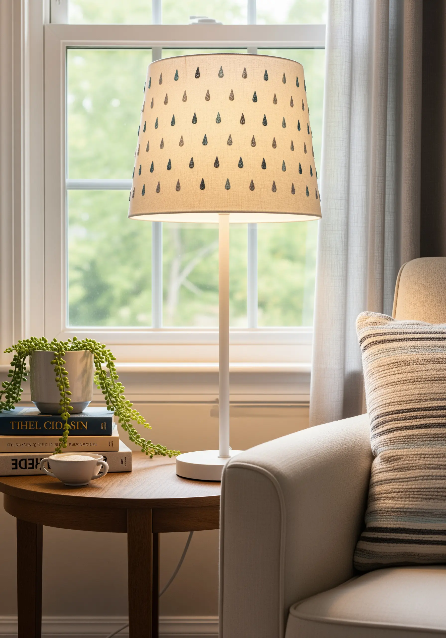 A fabric lampshade decorated with a repeating pattern of small, embroidered teardrops.