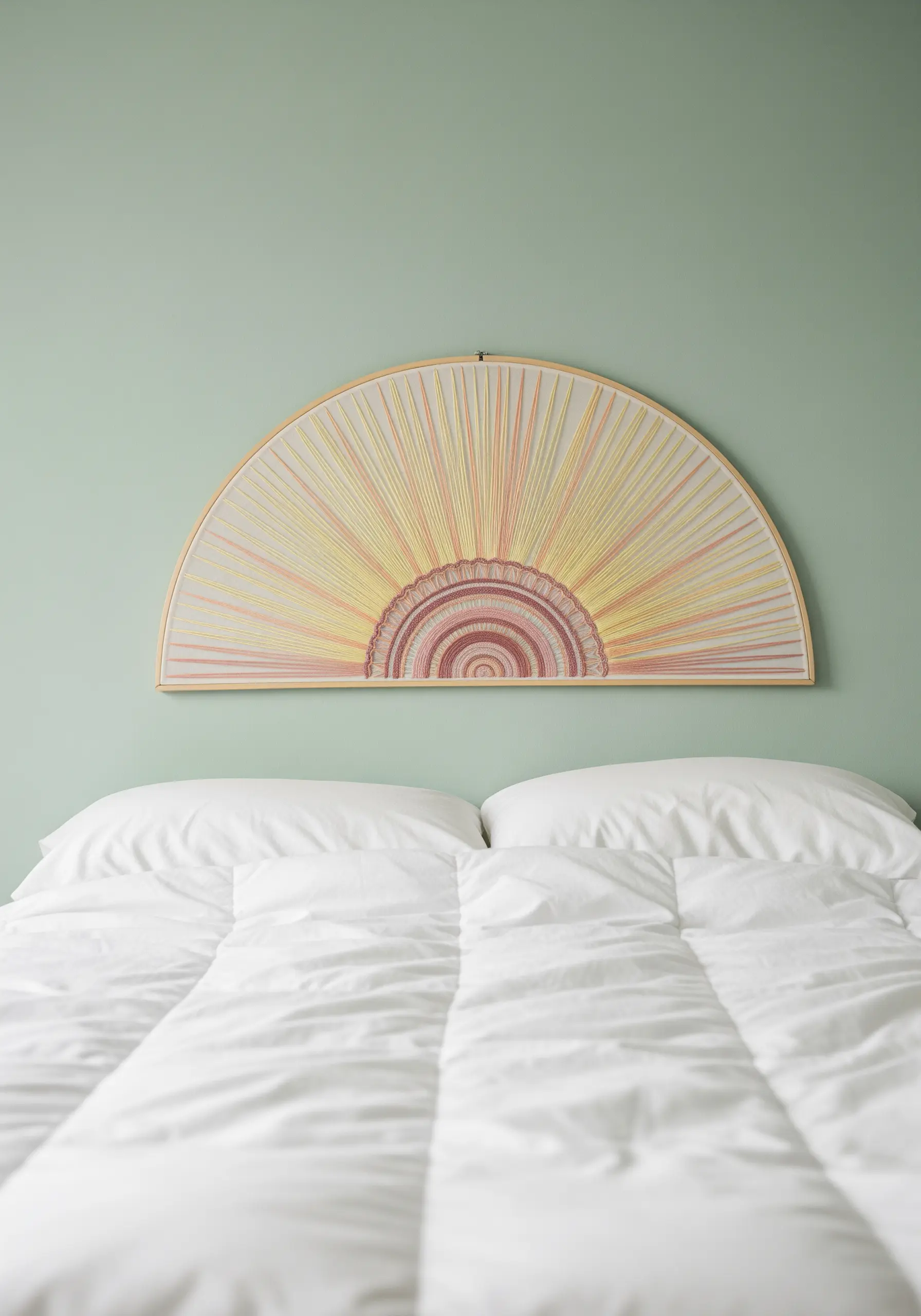 A half-mandala sunrise embroidered in a semi-circle hoop with radiating threads.