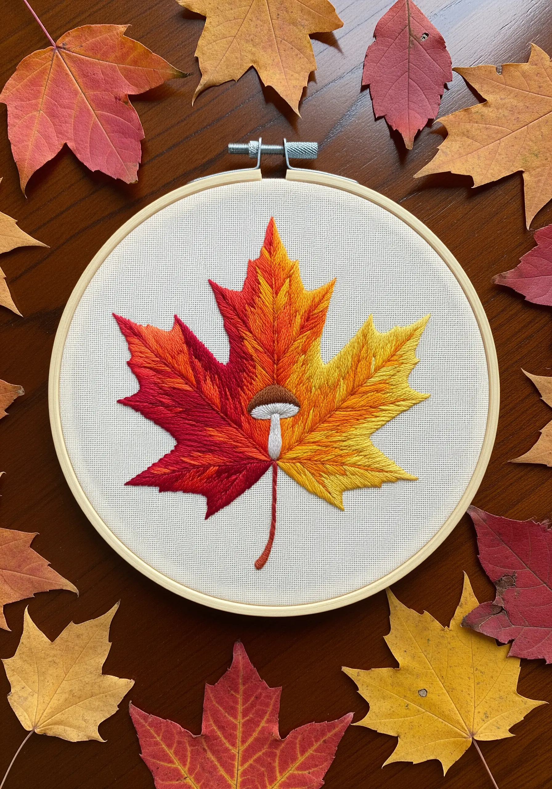 An embroidered autumn maple leaf that transforms into a mushroom at its center.
