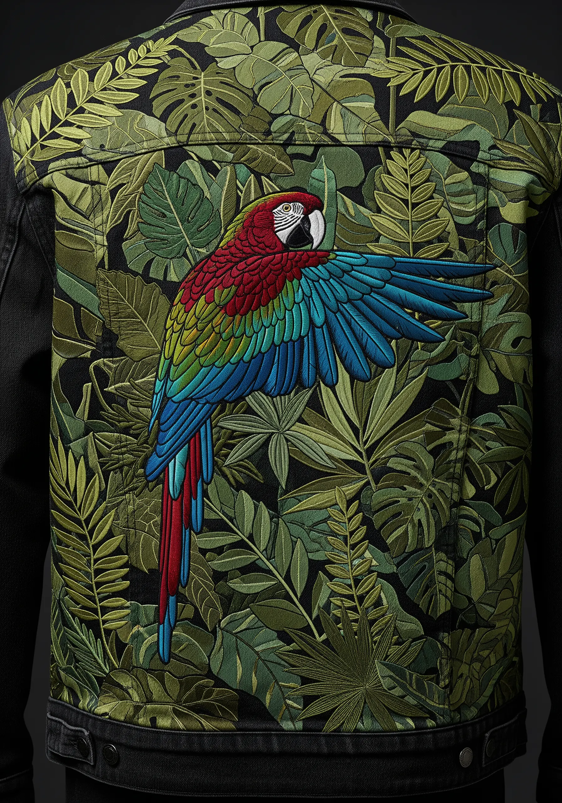 A macaw with wings spread, set against a full background of embroidered jungle leaves.