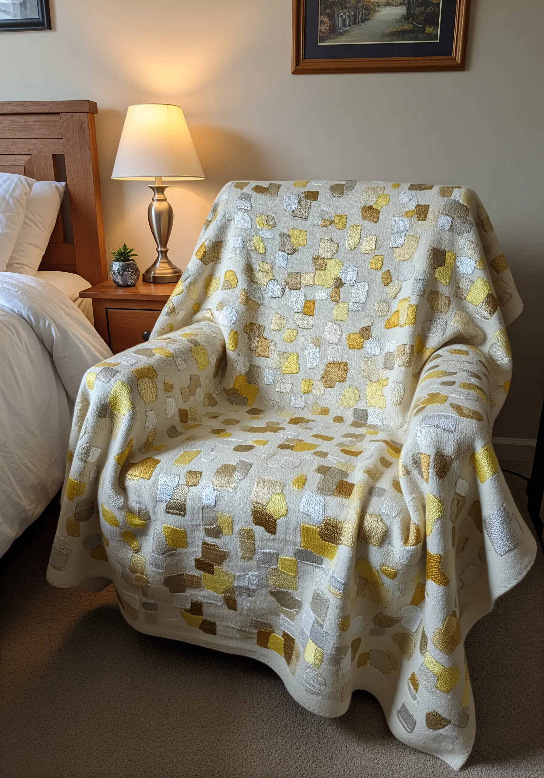 A cream-colored throw blanket covered in small, embroidered patches of yellow, gold, and grey.