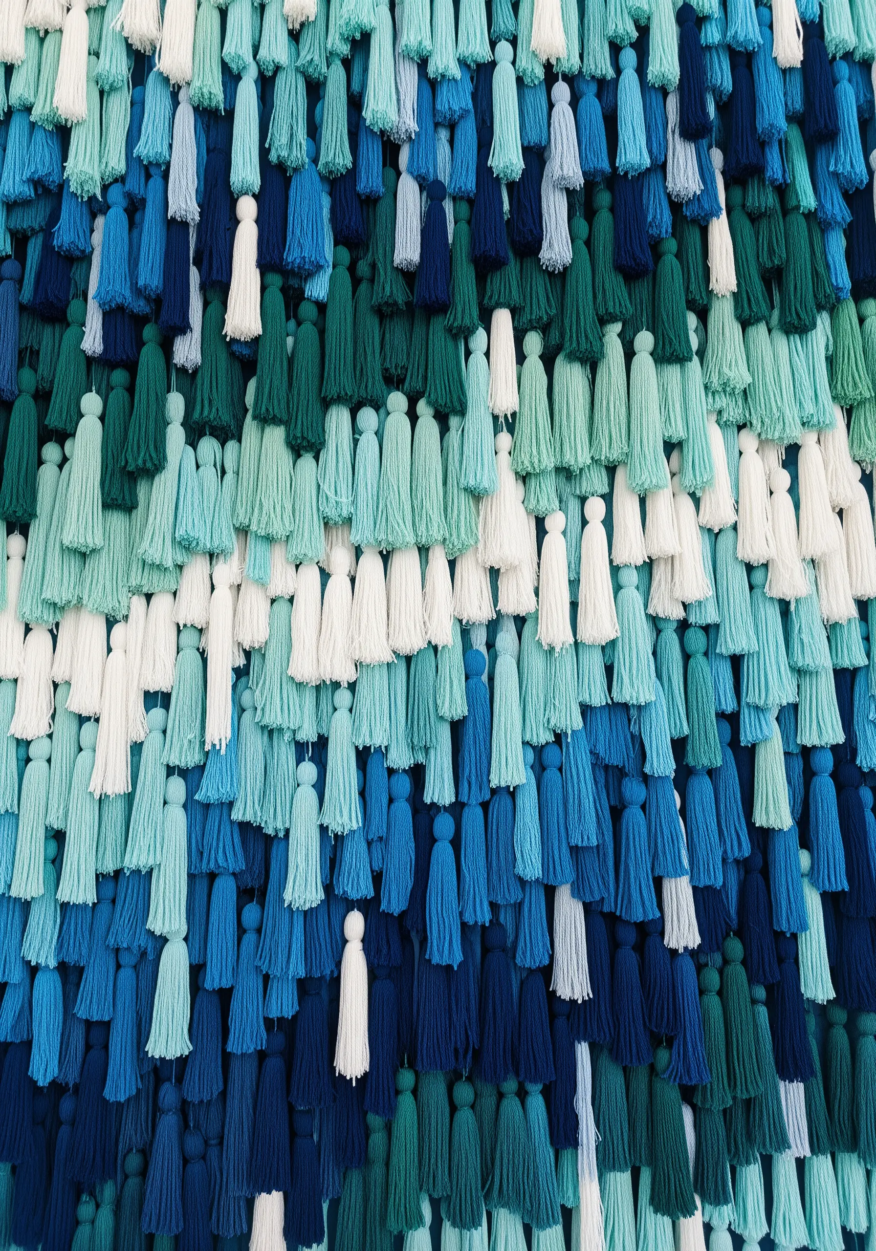 A dense wall covering made of thousands of yarn tassels in shades of blue, green, and white.
