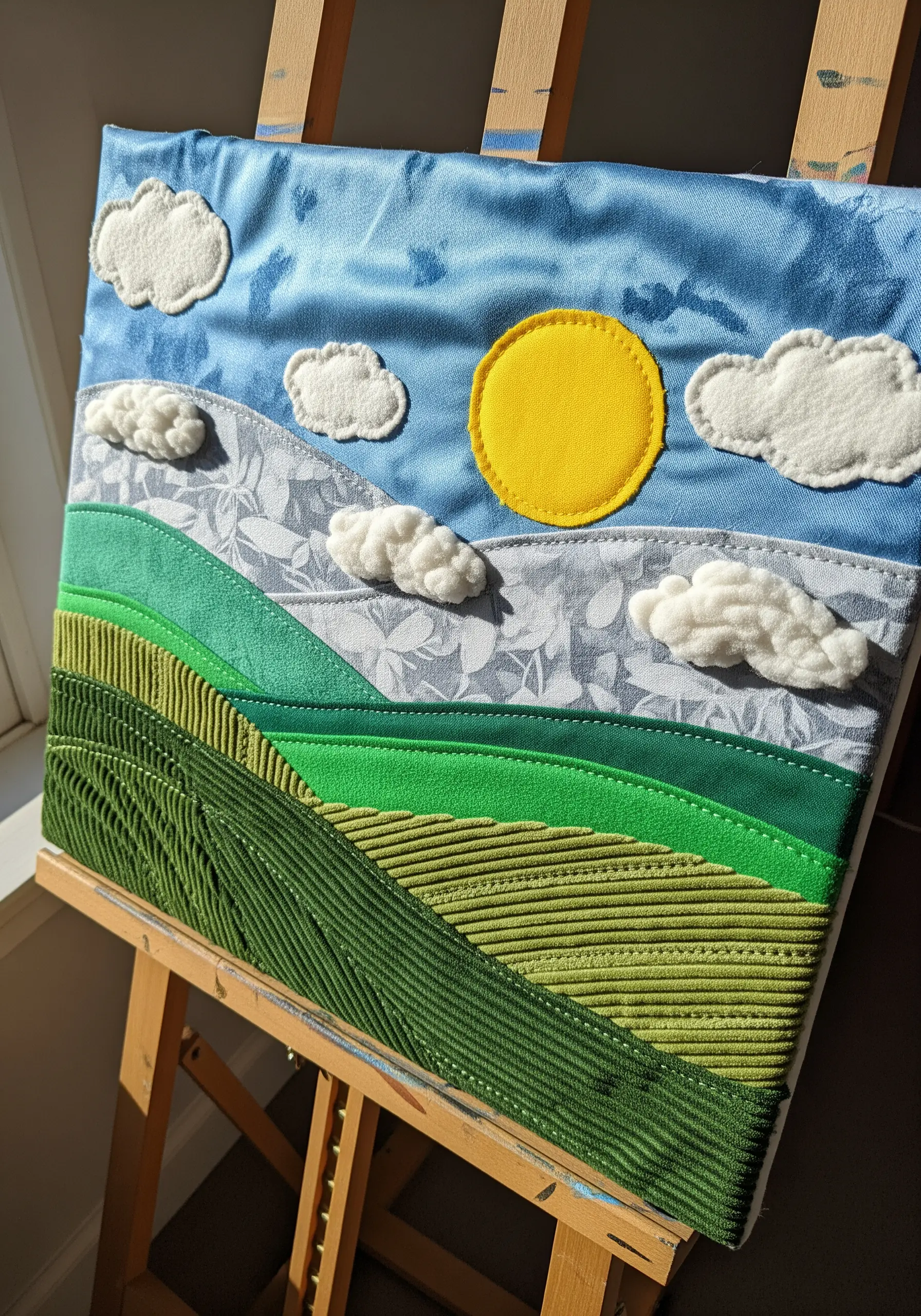 A fabric collage landscape with textured hills made of green corduroy and yarn.