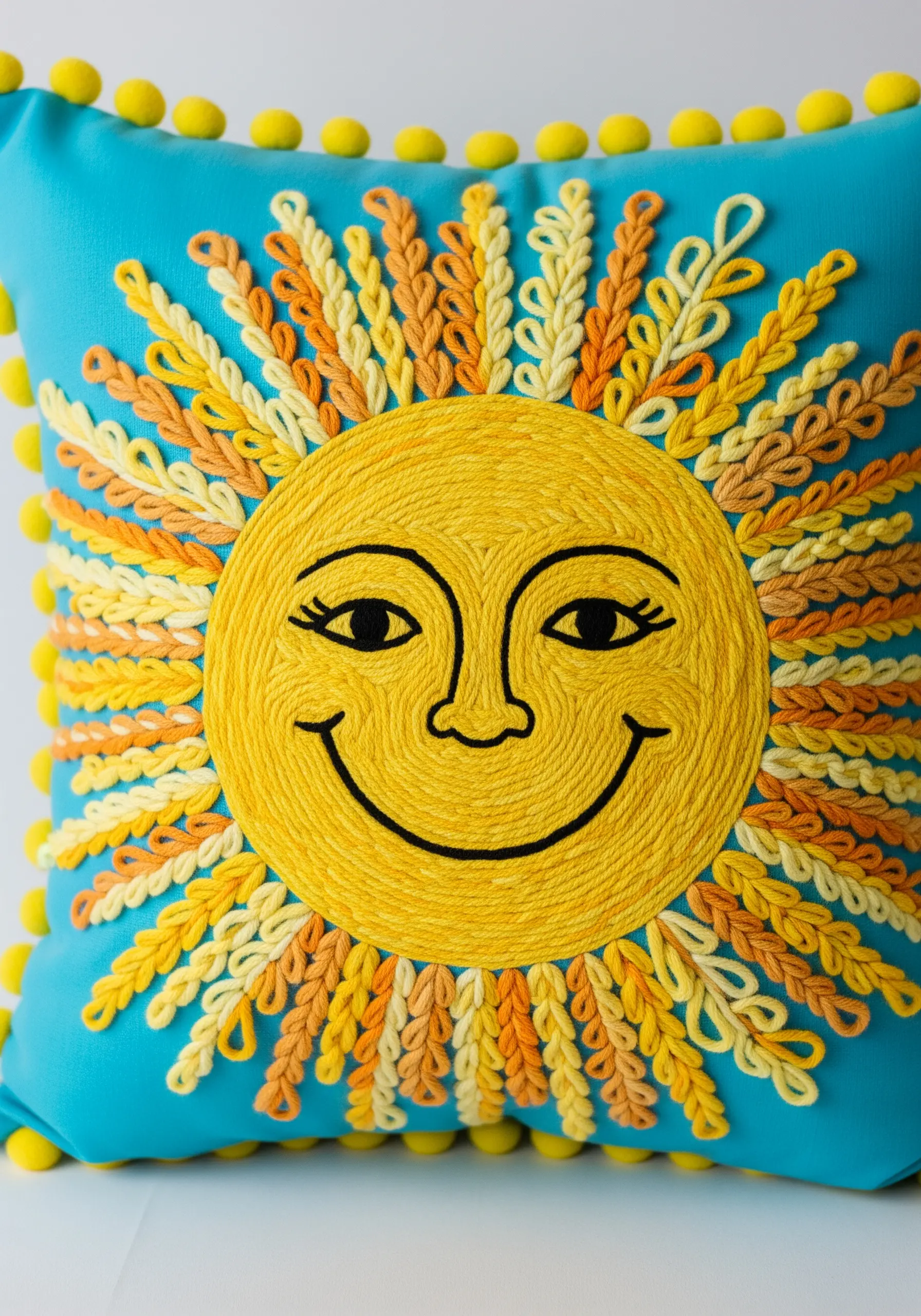 Embroidered smiling sun with braided stitch rays and a couched spiral face.