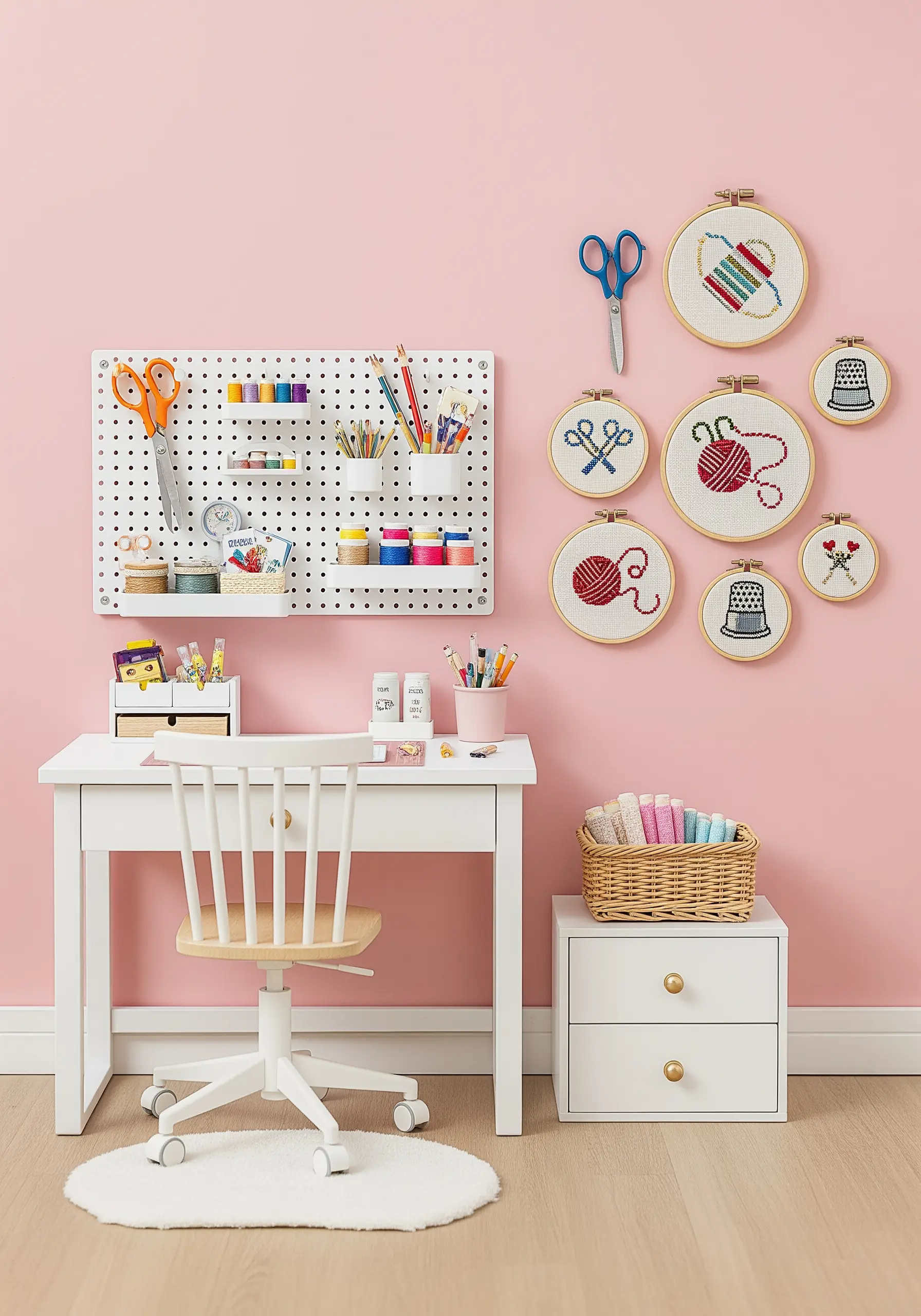 Embroidery hoops with crafting motifs like scissors and yarn hung on a pink wall above a desk