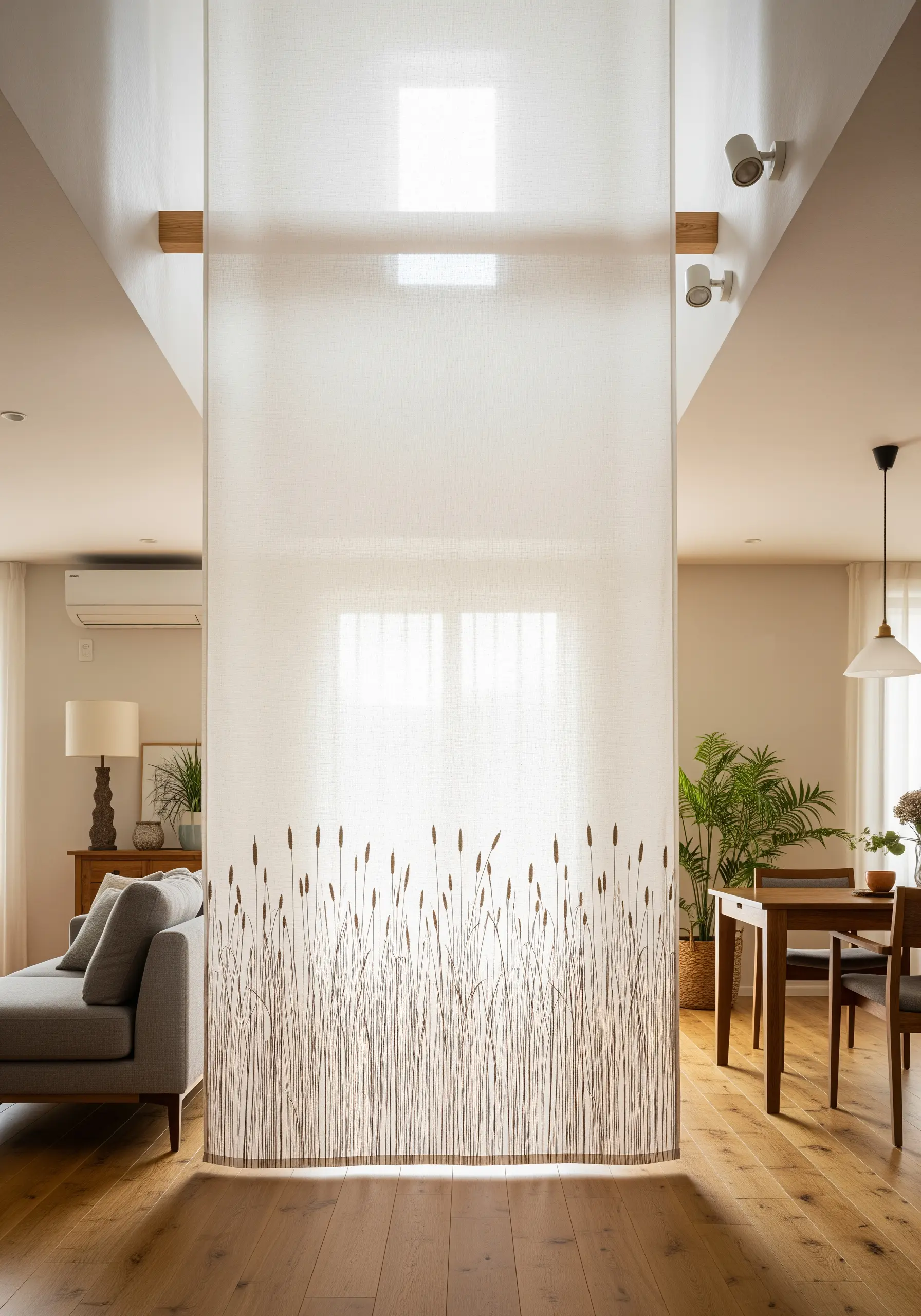 A sheer fabric room divider with tall cattails embroidered along the bottom edge.