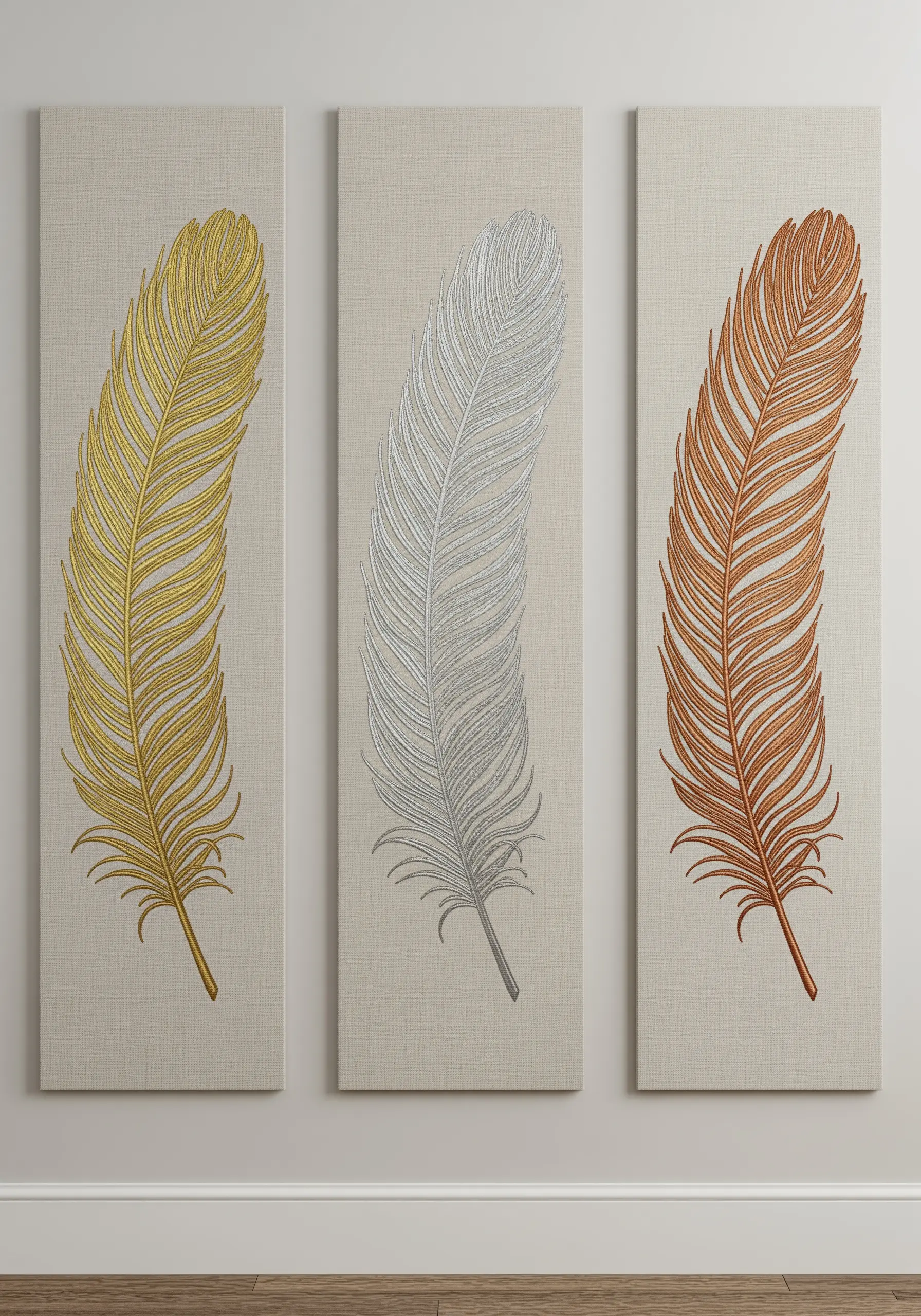 A triptych of embroidered feathers in gold, silver, and copper metallic threads on linen canvases.
