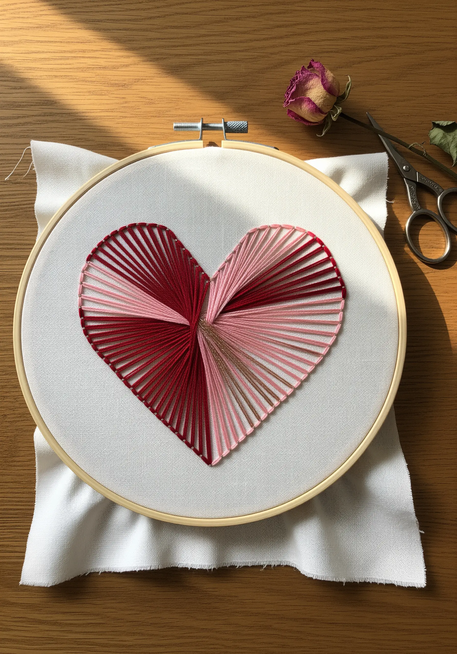 String art heart embroidery with sections of red, pink, and metallic thread in a twisting pattern.