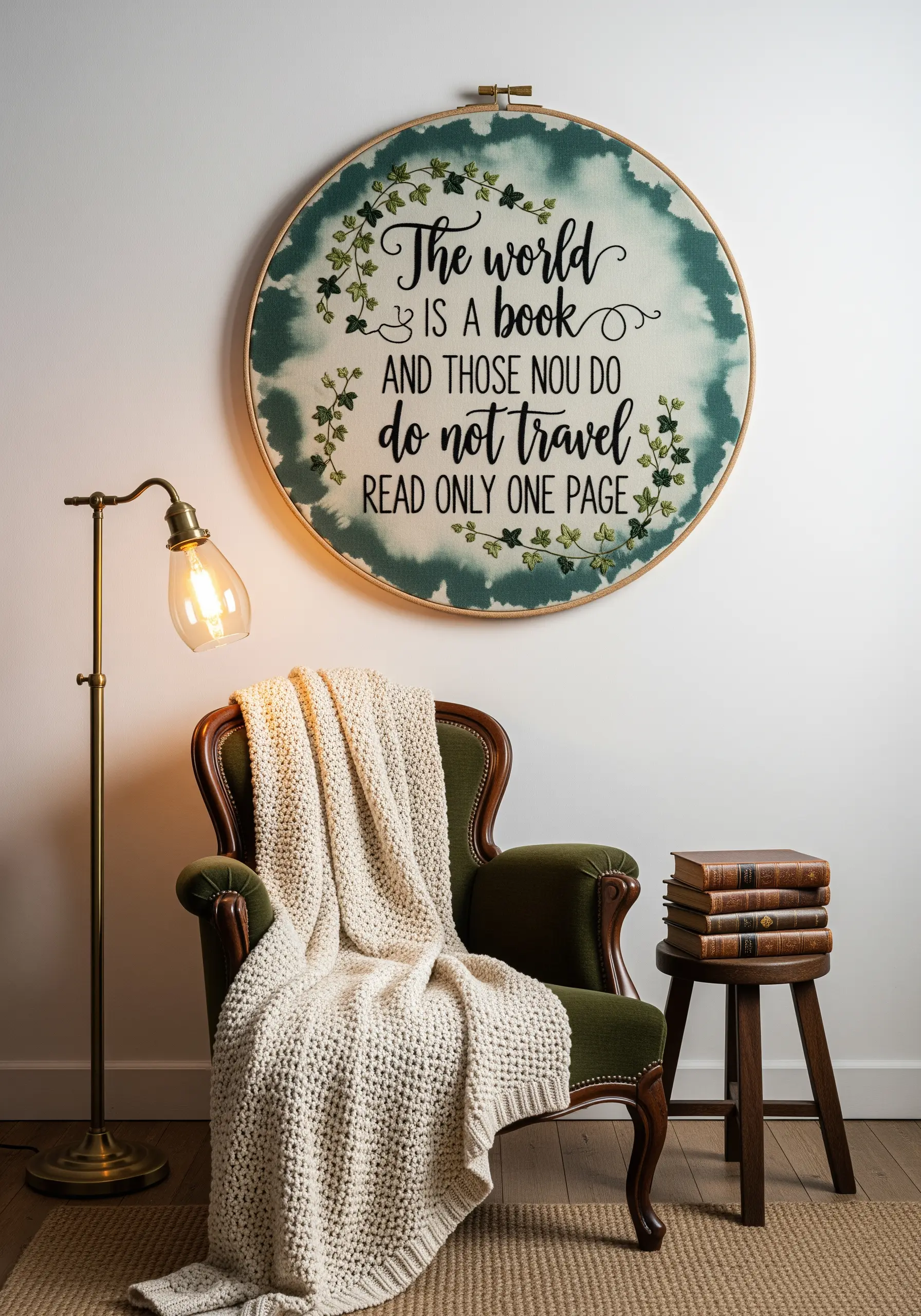 A large embroidery hoop with a travel quote on a tie-dyed green background